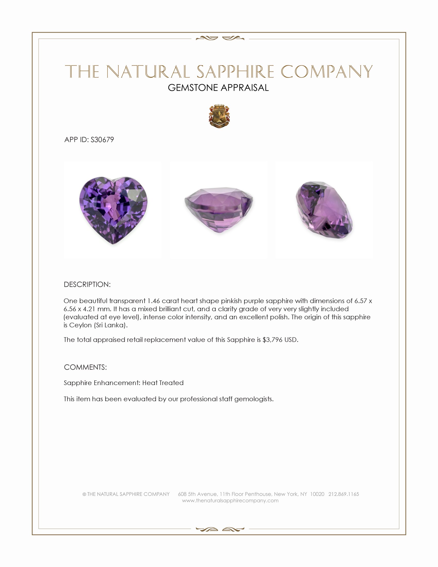 1.46 Ct. Pinkish Purple Sapphire from Ceylon (Sri Lanka)