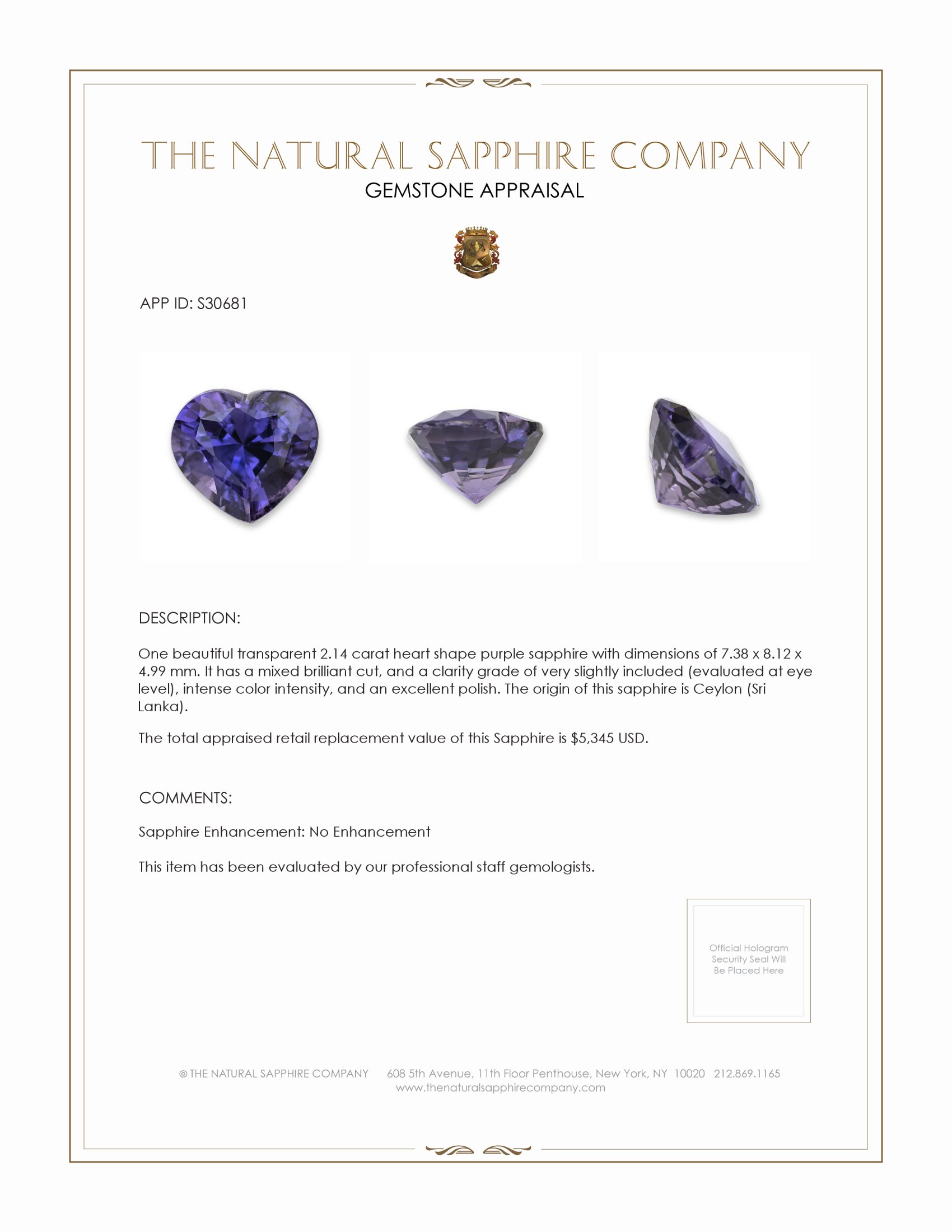 2.14 Ct. Purple Sapphire from Ceylon (Sri Lanka)