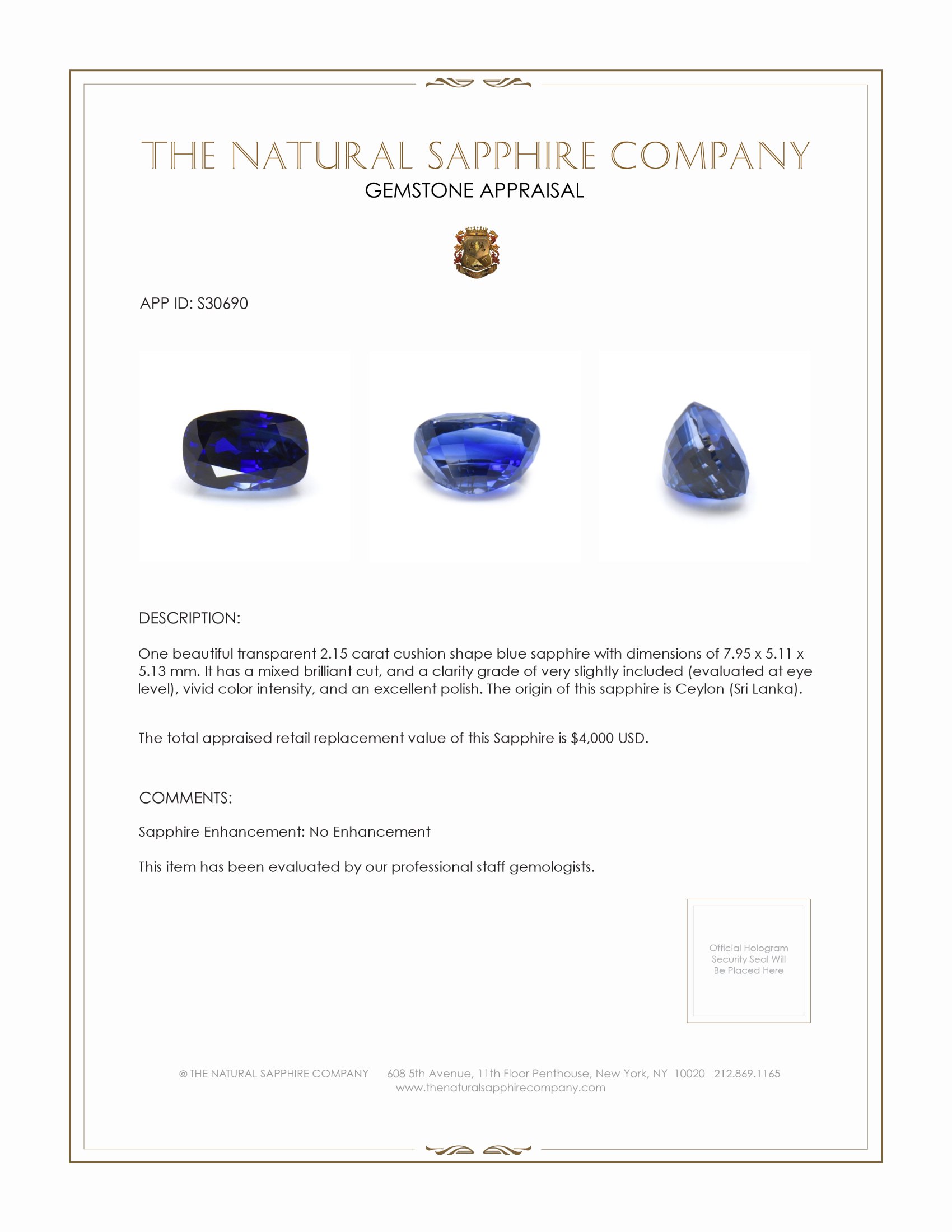2.15 Ct. Blue Sapphire from Ceylon (Sri Lanka)
