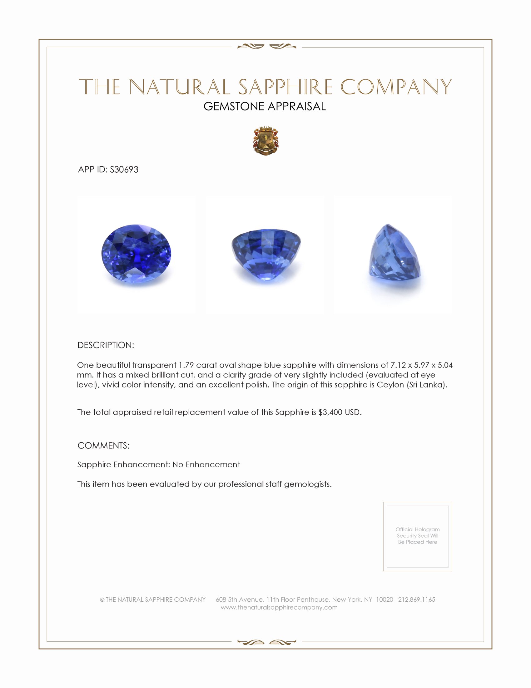 1.79 Ct. Blue Sapphire from Ceylon (Sri Lanka)