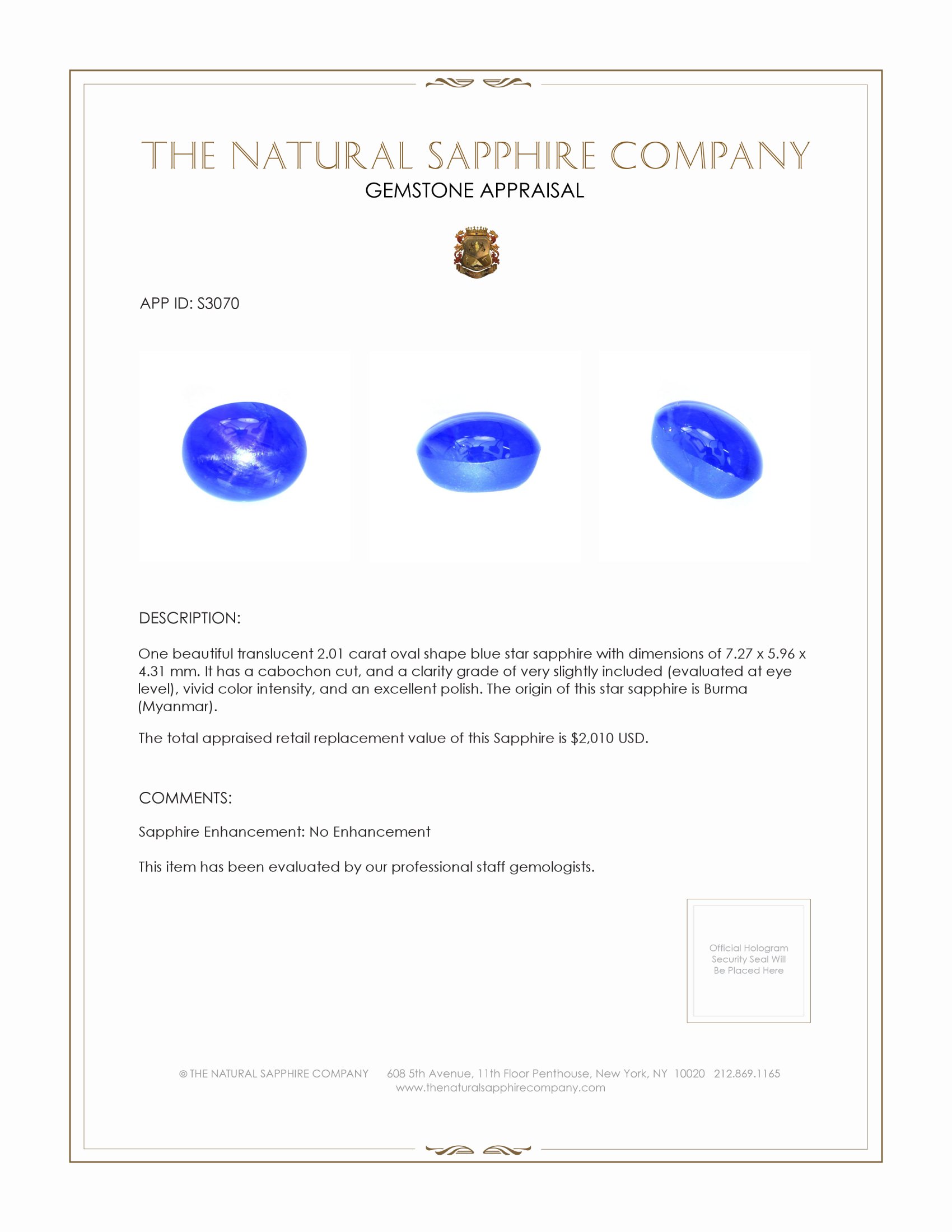 2.01 Ct. Blue Star Sapphire from Burma (Myanmar)