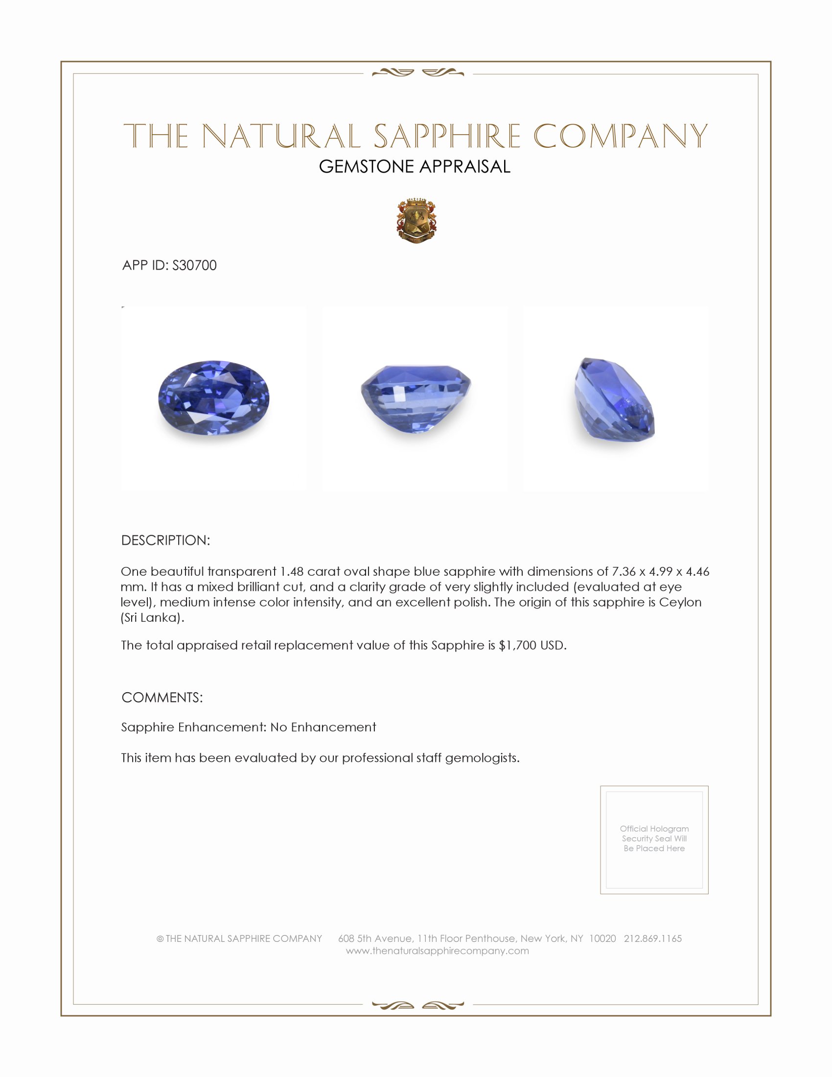 1.48 Ct. Blue Sapphire from Ceylon (Sri Lanka)