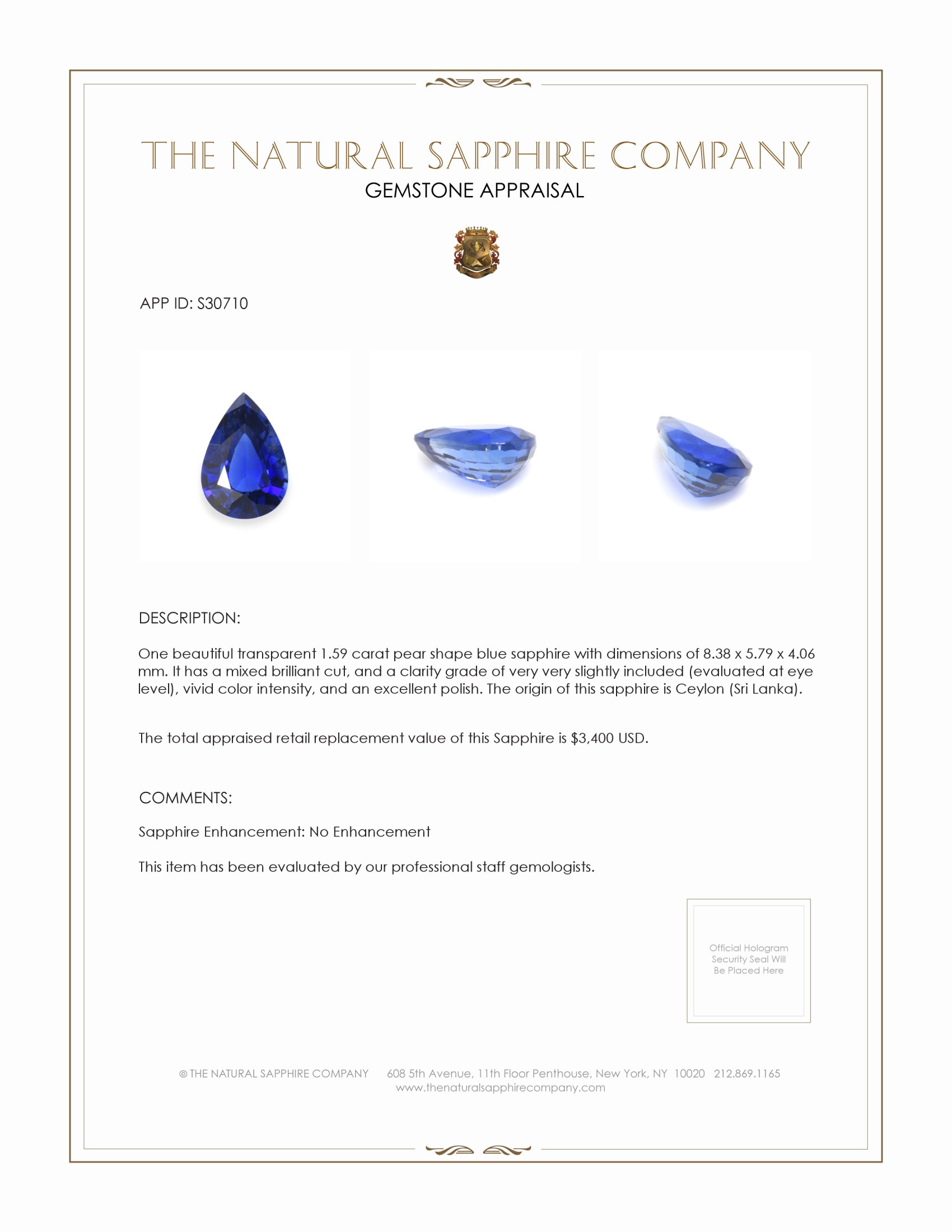 1.59 Ct. Blue Sapphire from Ceylon (Sri Lanka)
