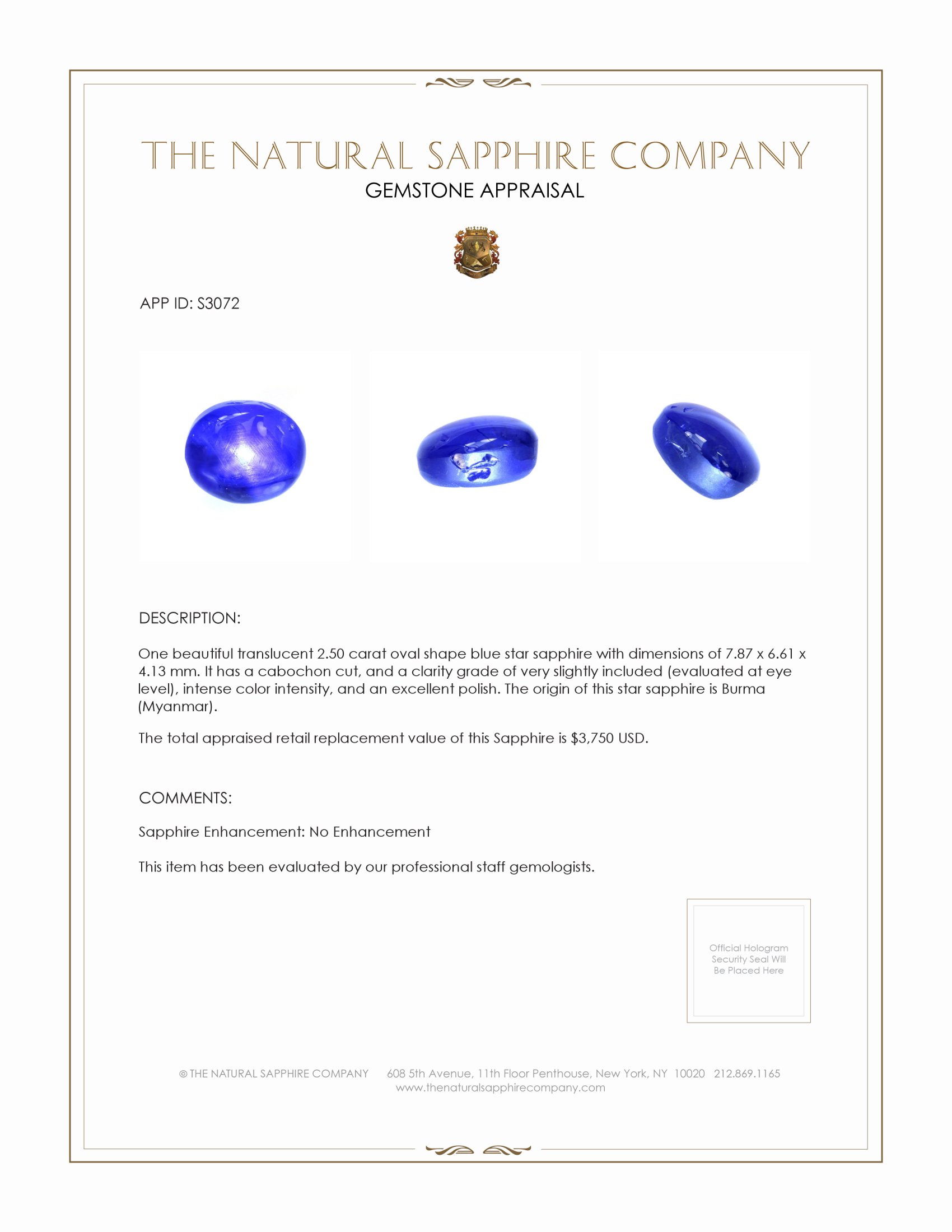 2.50 Ct. Blue Star Sapphire from Burma (Myanmar)