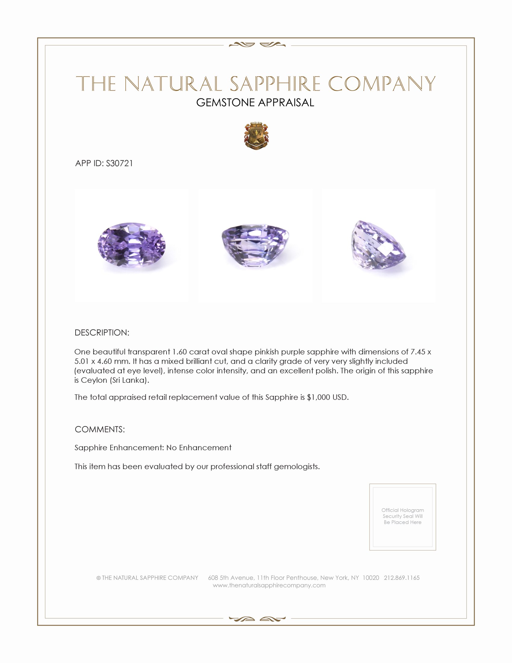 1.60 Ct. Pinkish Purple Sapphire from Ceylon (Sri Lanka)