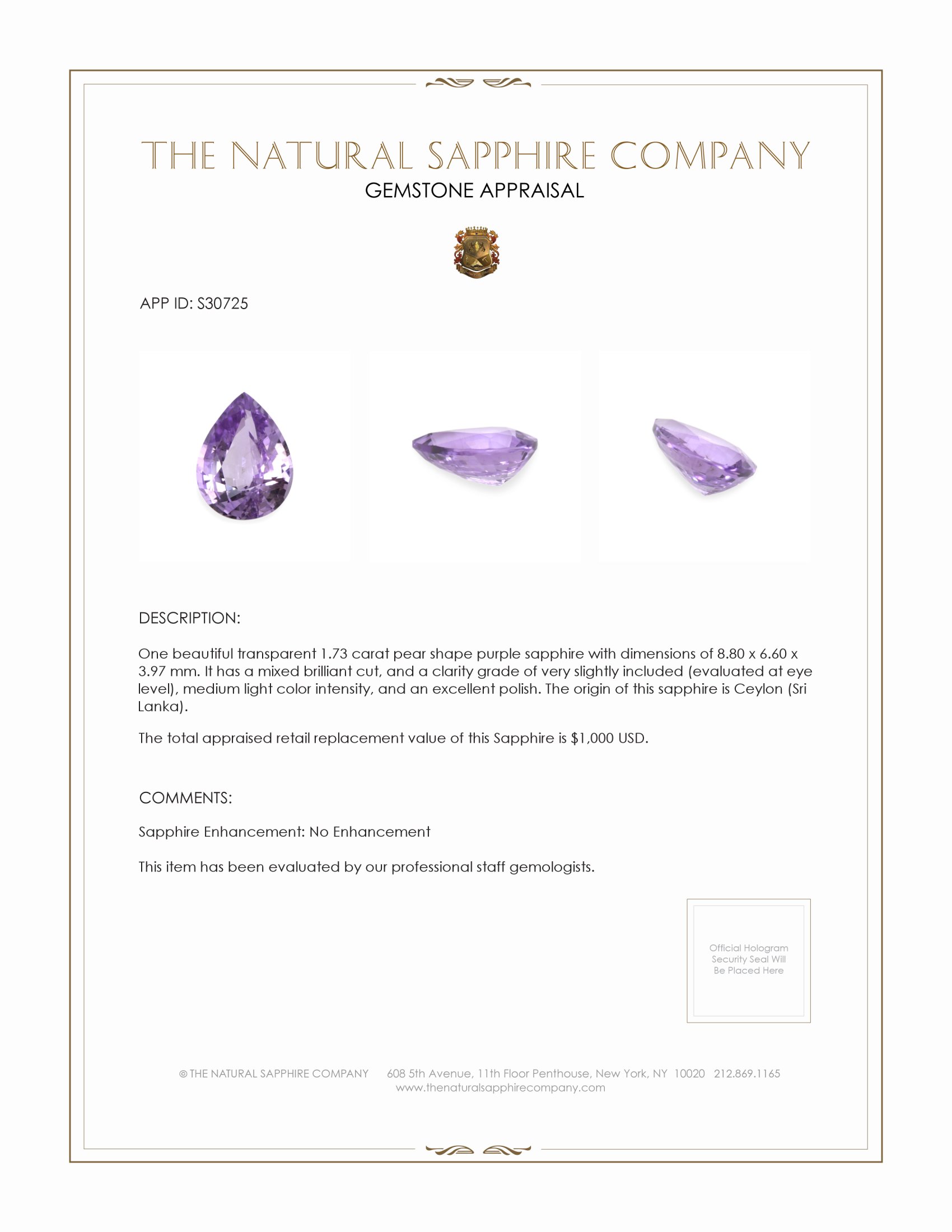 1.73 Ct. Purple Sapphire from Ceylon (Sri Lanka)