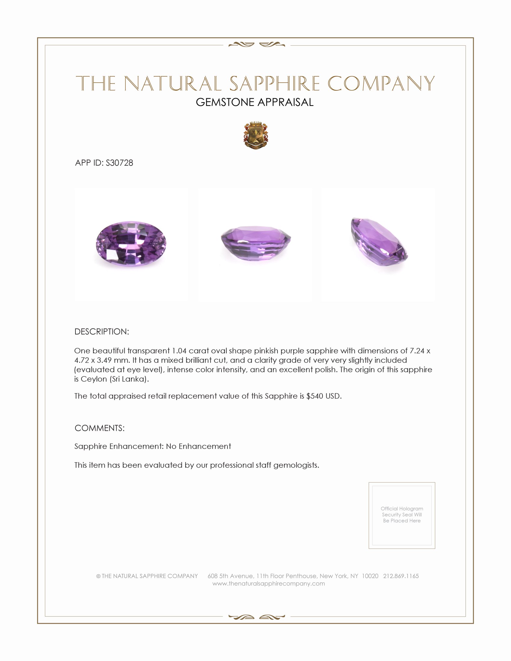 1.04 Ct. Pinkish Purple Sapphire from Ceylon (Sri Lanka)