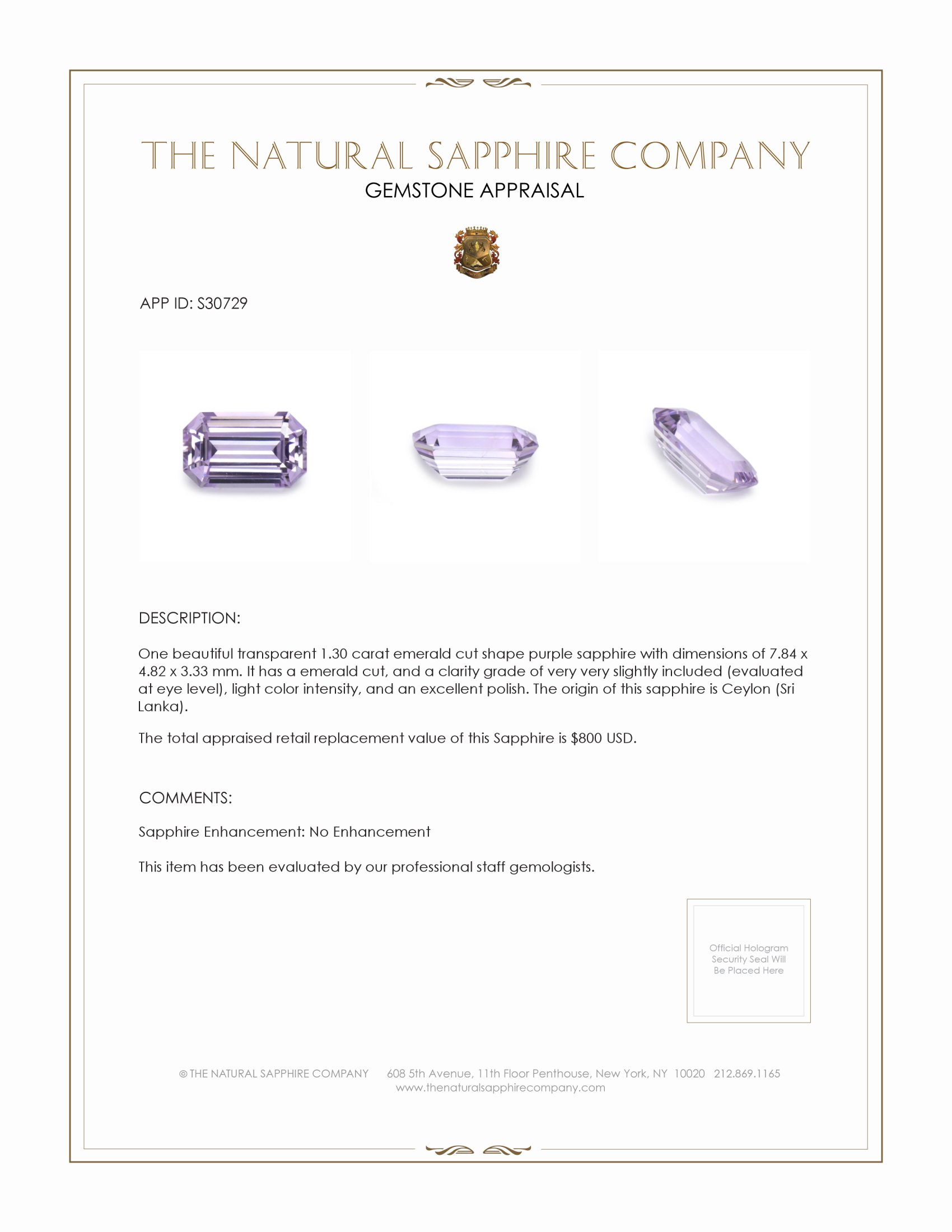 1.30 Ct. Purple Sapphire from Ceylon (Sri Lanka)