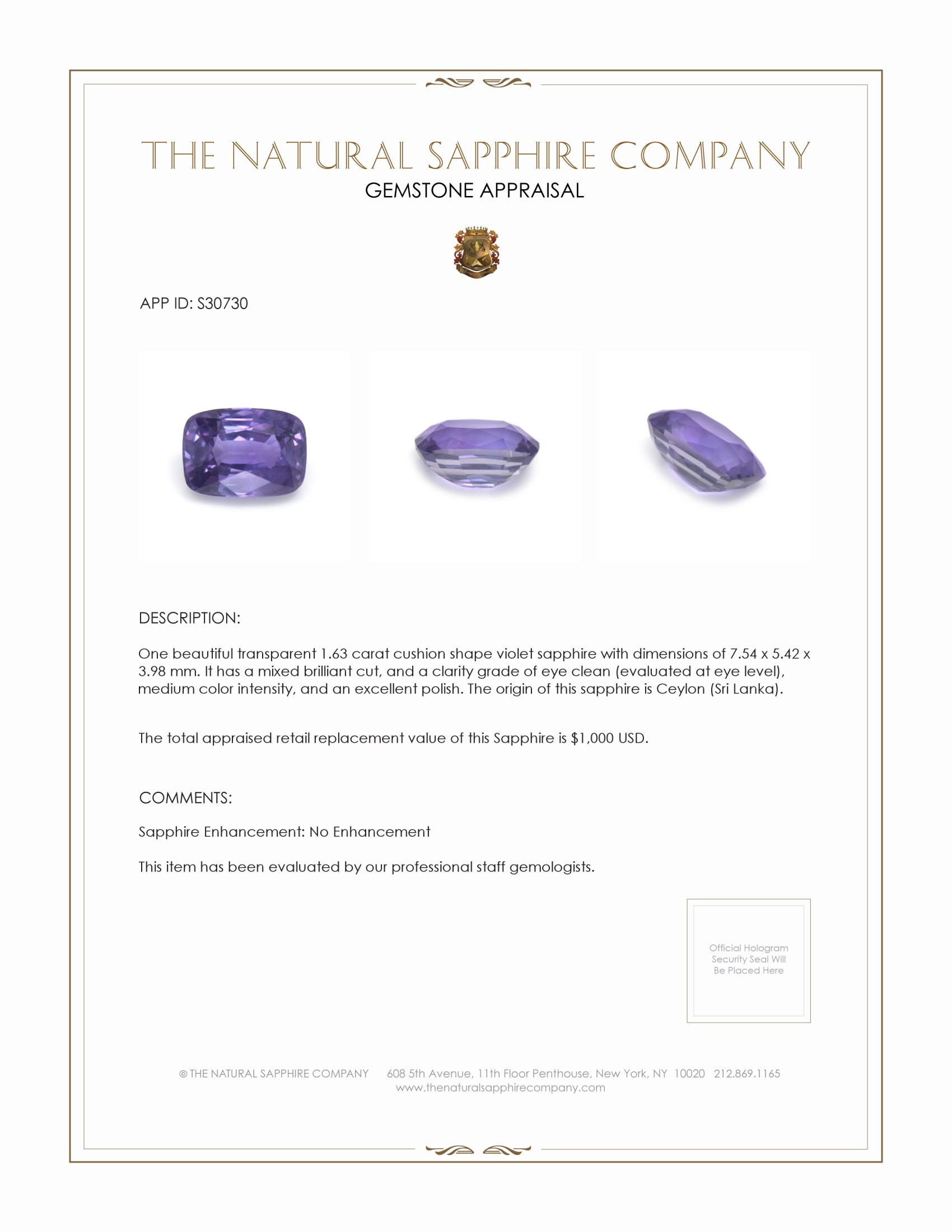 1.63 Ct. Violet Sapphire from Ceylon (Sri Lanka)