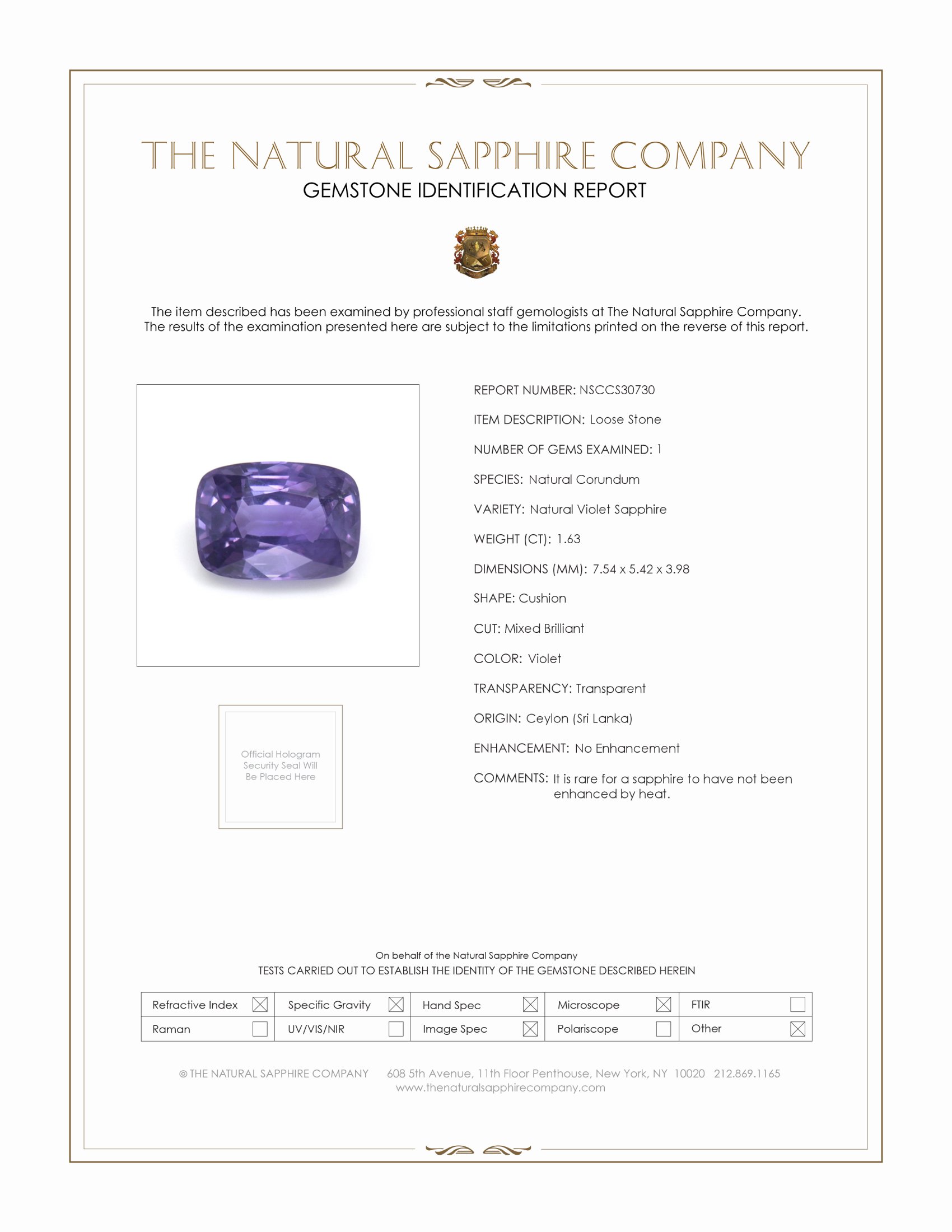1.63 Ct. Violet Sapphire from Ceylon (Sri Lanka)