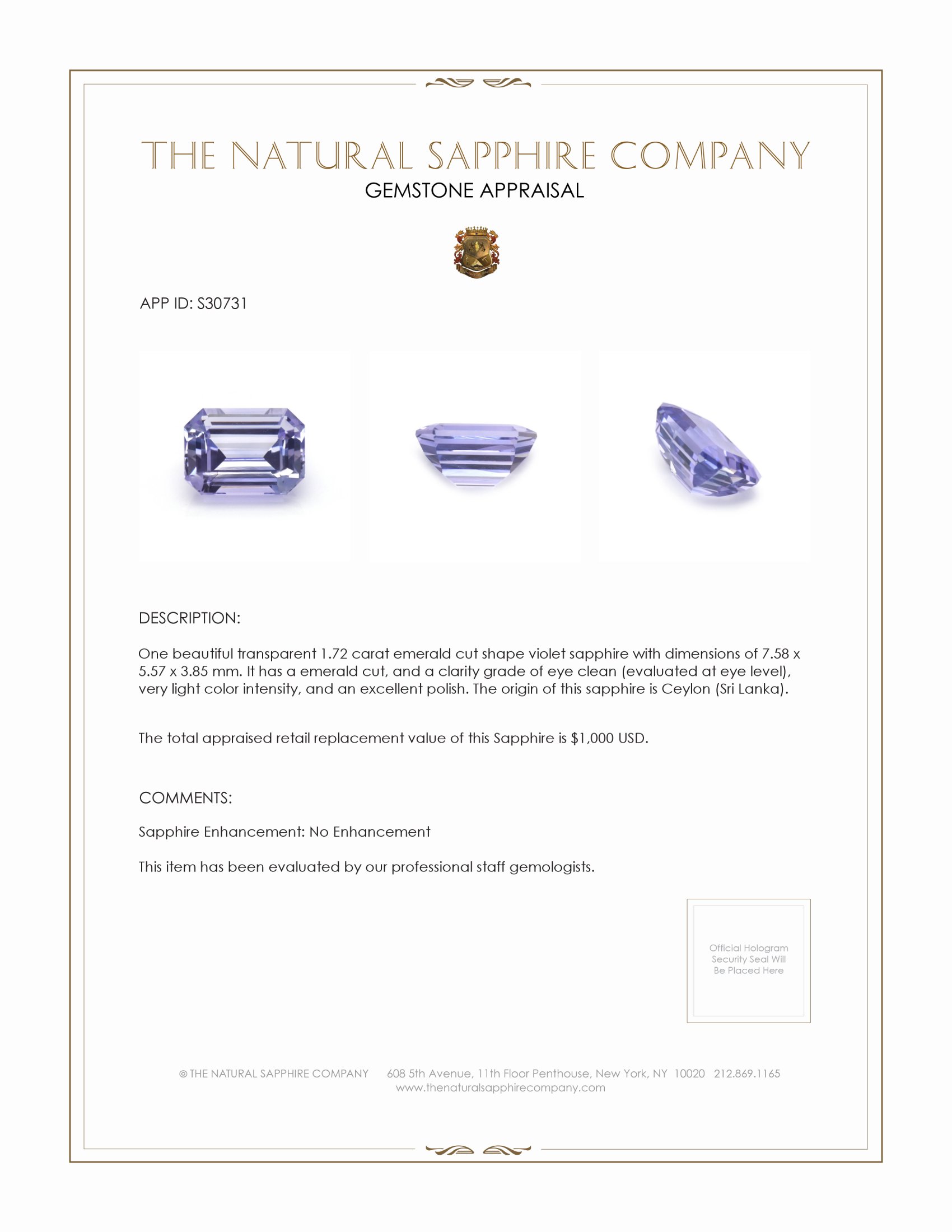 1.72 Ct. Violet Sapphire from Ceylon (Sri Lanka)