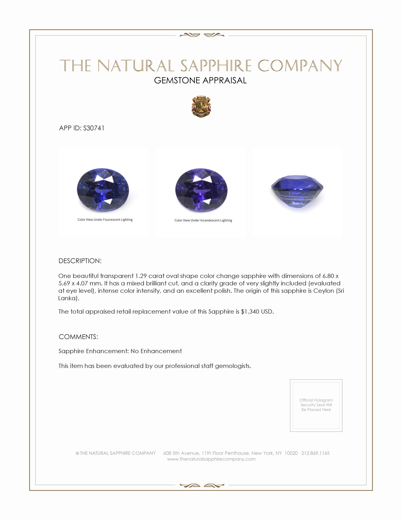 1.29 Ct. Color Change Sapphire from Ceylon (Sri Lanka)