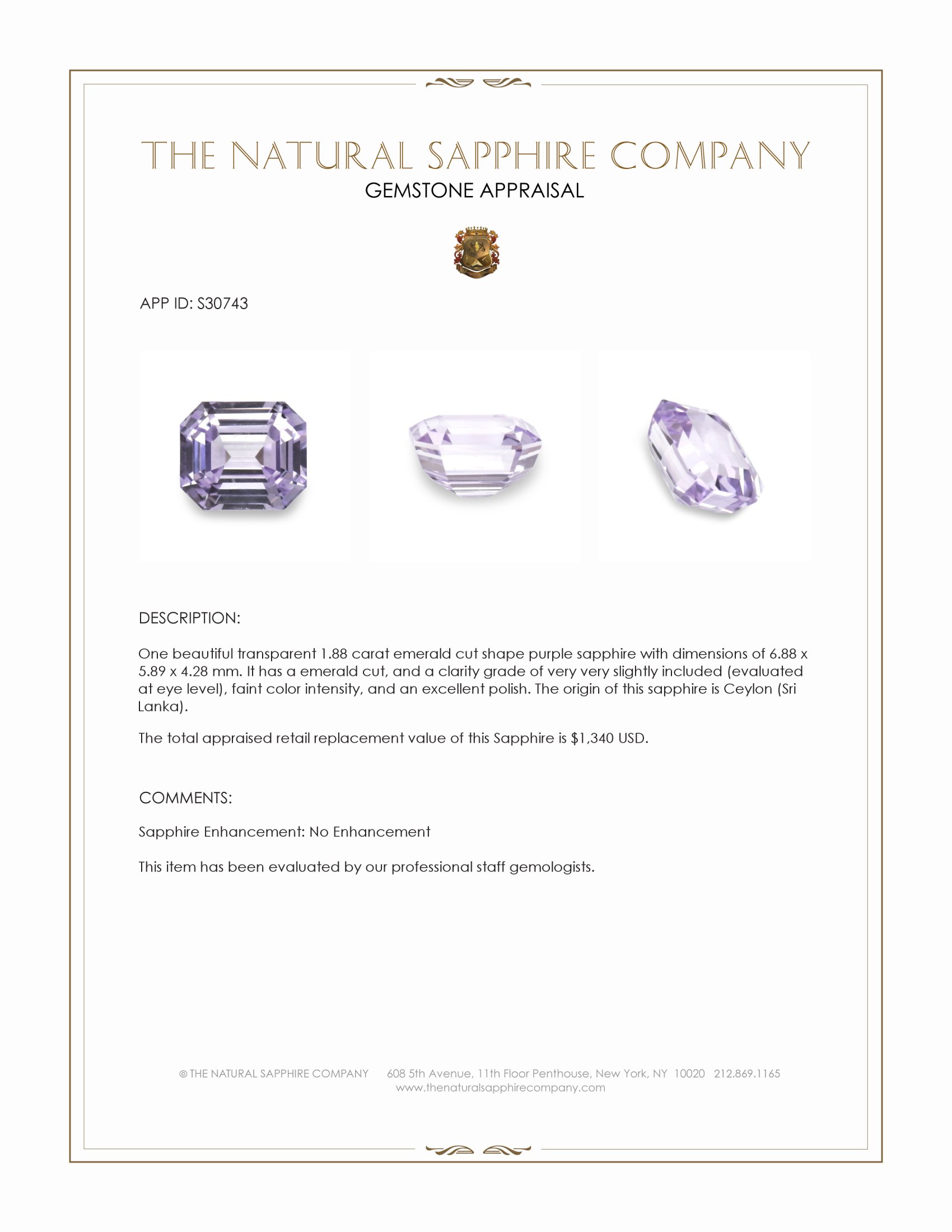 1.88 Ct. Purple Sapphire from Ceylon (Sri Lanka)