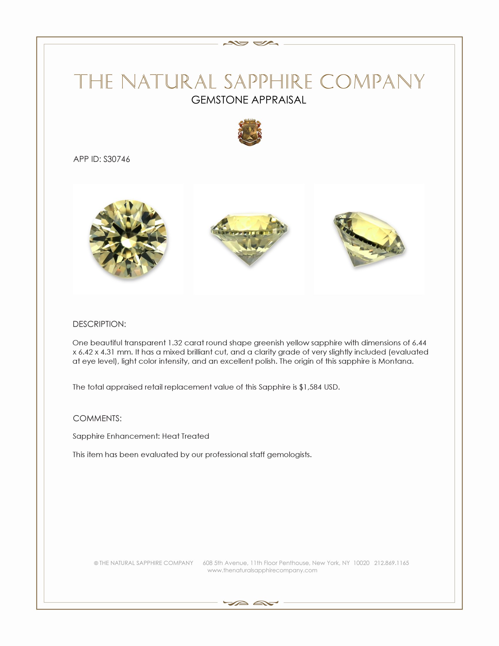 1.32 Ct. Greenish Yellow Sapphire from Montana