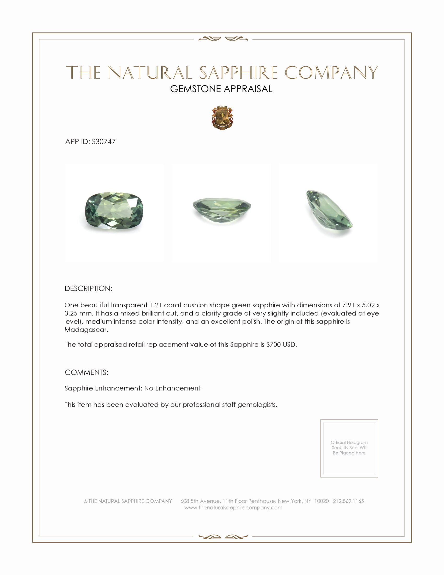 1.21 Ct. Green Sapphire from Madagascar