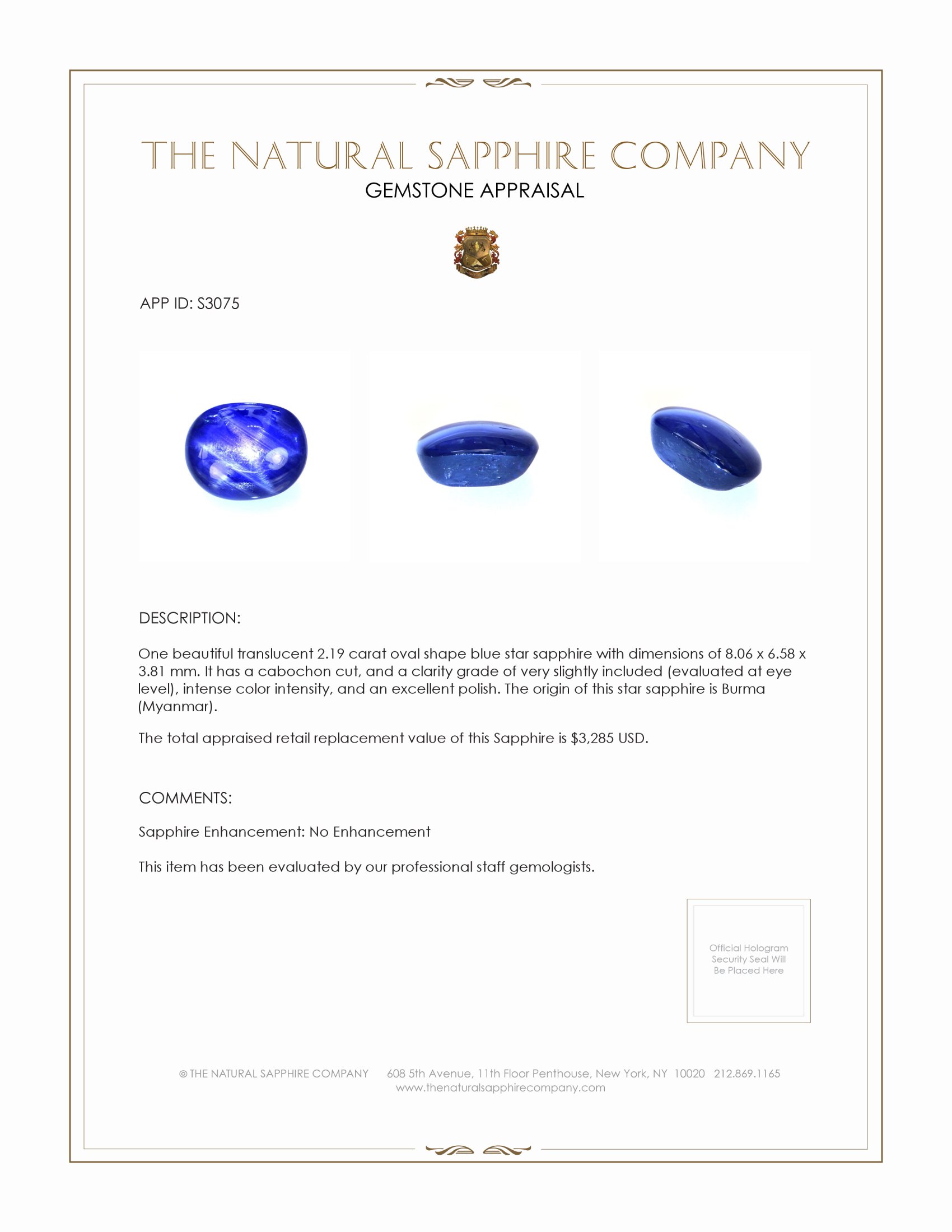 2.19 Ct. Blue Star Sapphire from Burma (Myanmar)