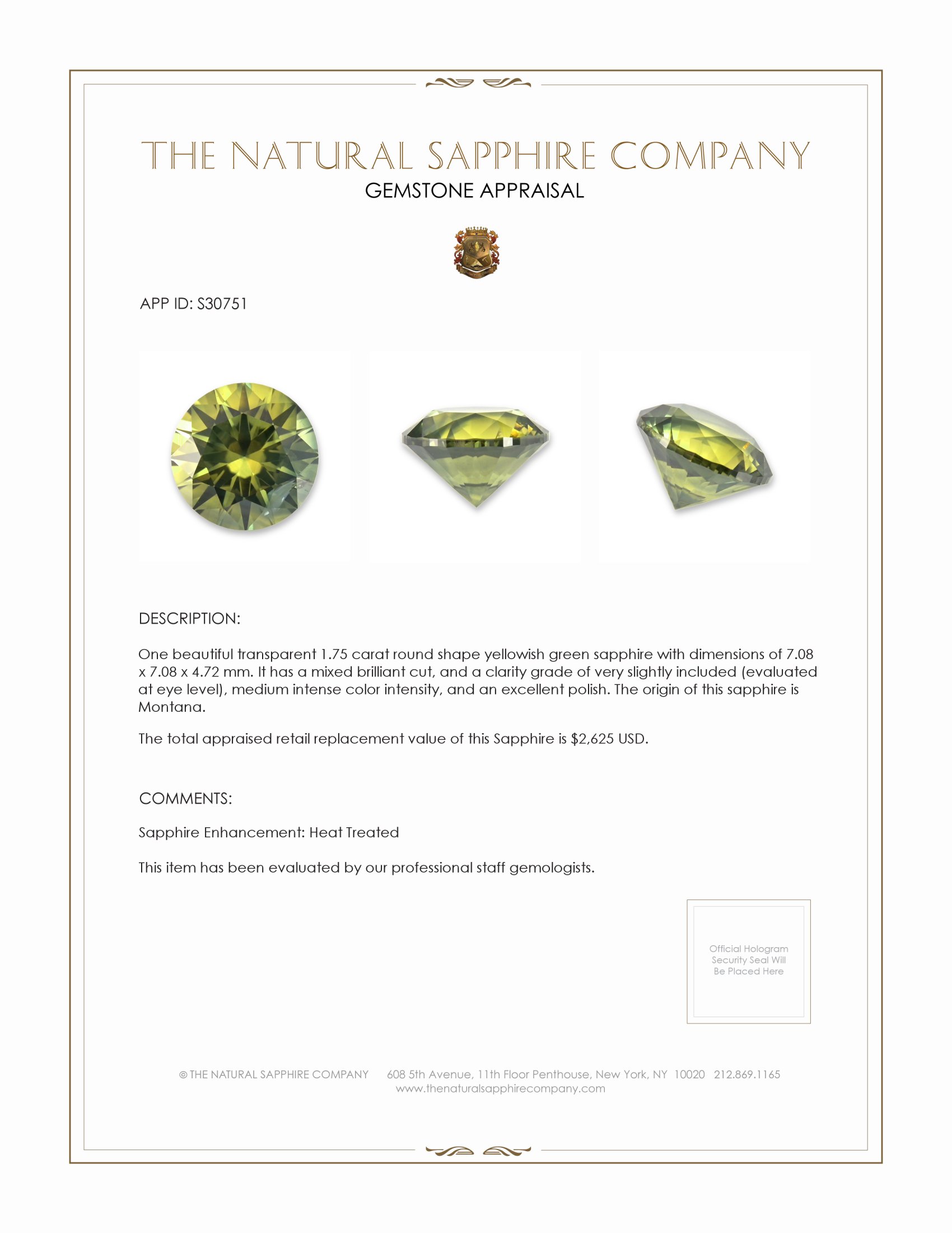 1.75 Ct. Yellowish Green Sapphire from Montana