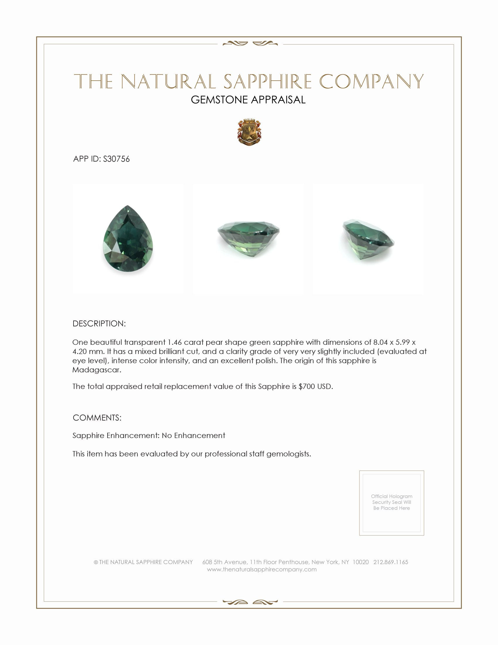 1.46 Ct. Green Sapphire from Madagascar