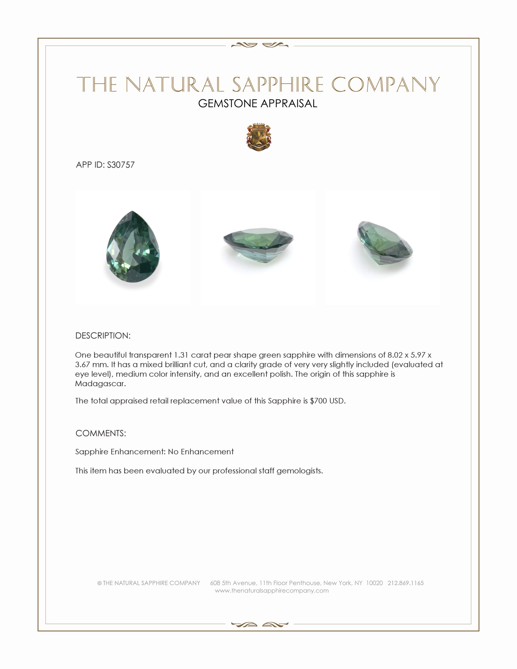 1.31 Ct. Green Sapphire from Madagascar