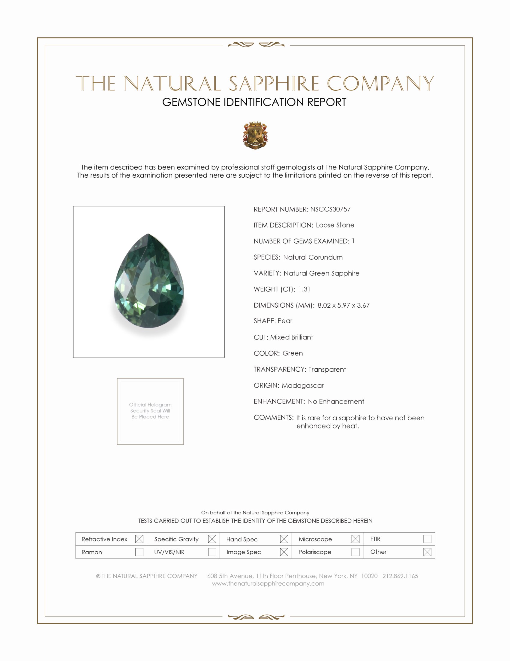 1.31 Ct. Green Sapphire from Madagascar