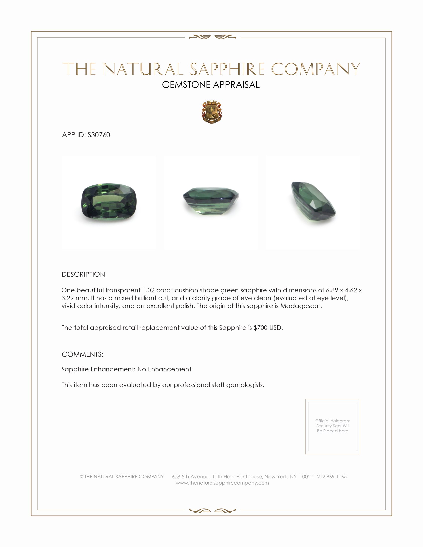 1.02 Ct. Green Sapphire from Madagascar