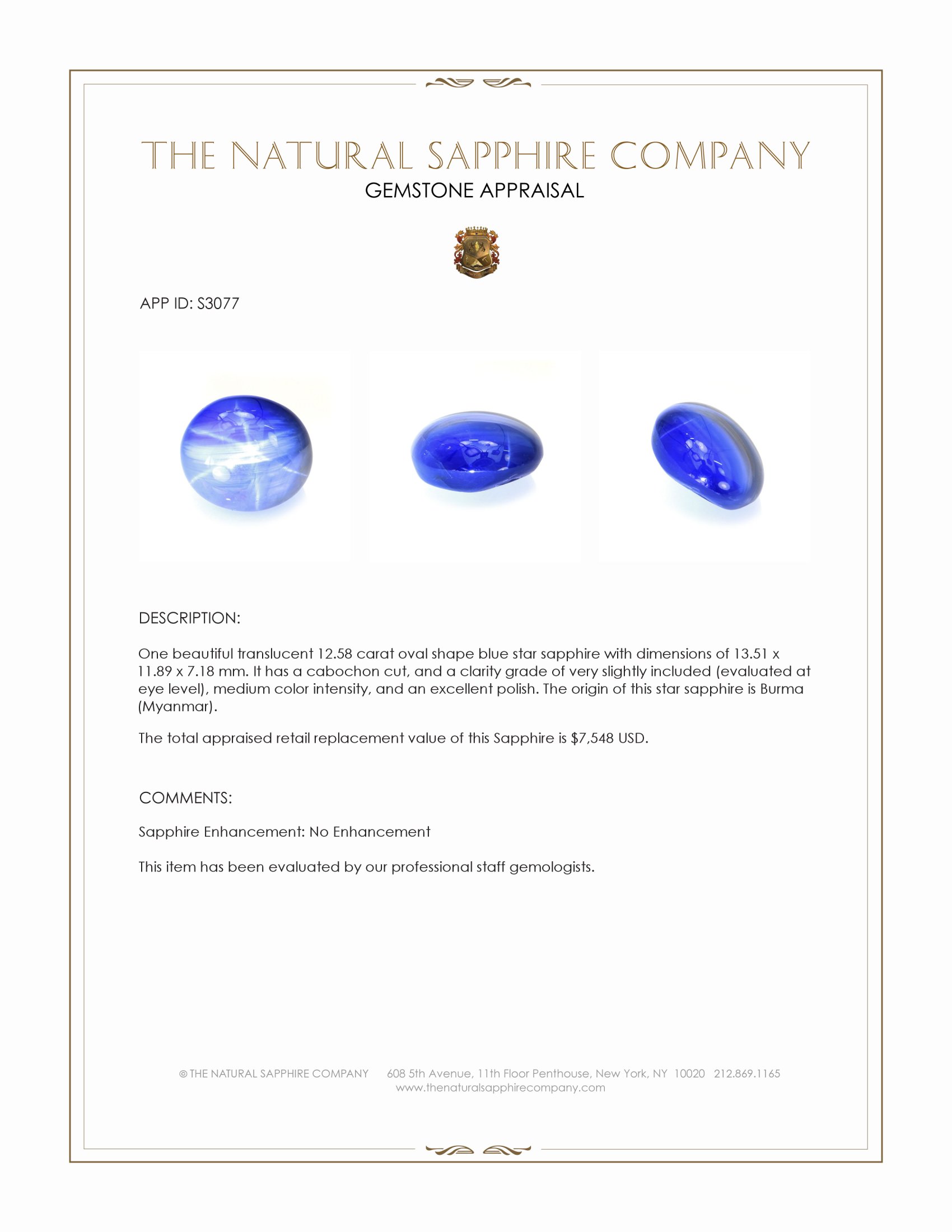 12.58 Ct. Blue Star Sapphire from Burma (Myanmar)