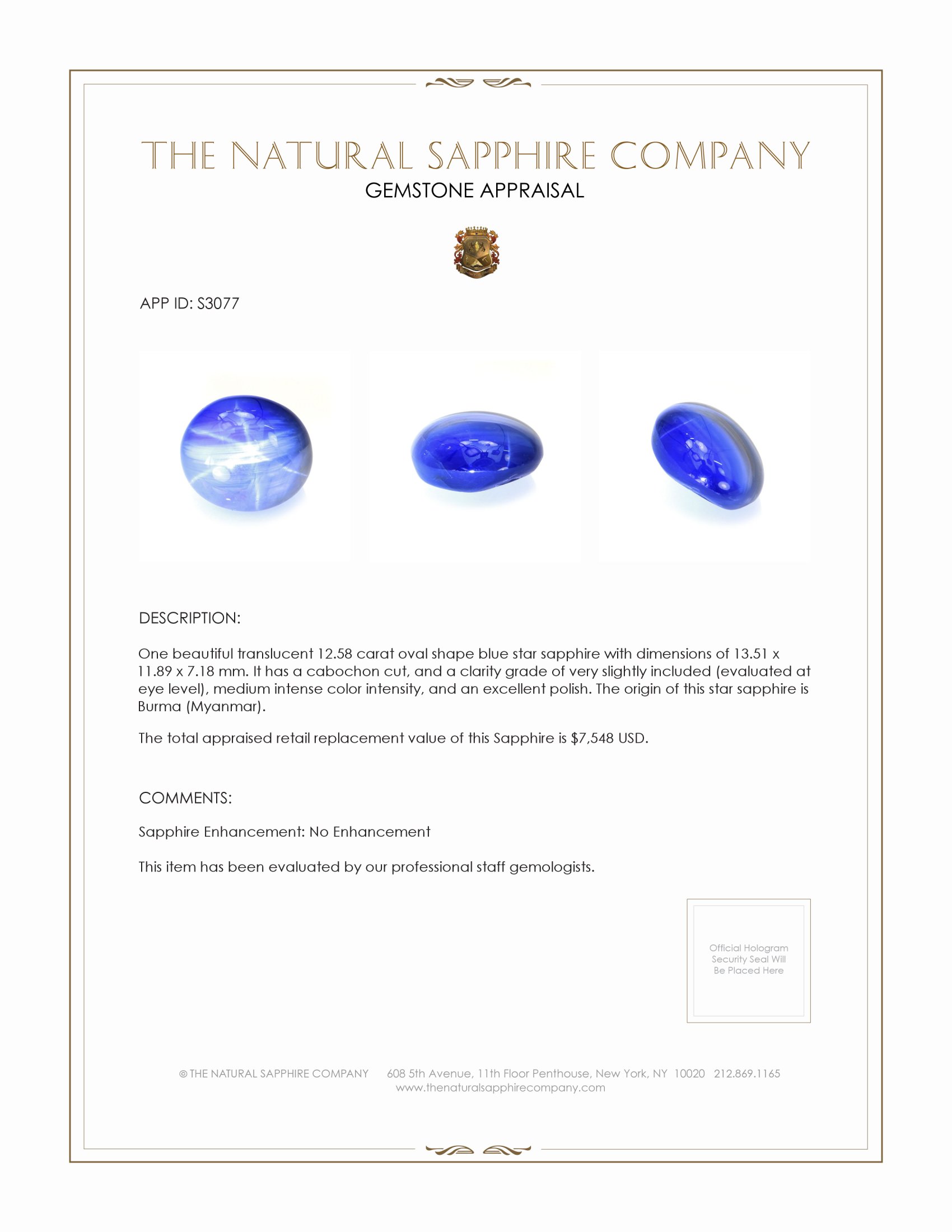 12.58 Ct. Blue Star Sapphire from Burma (Myanmar)