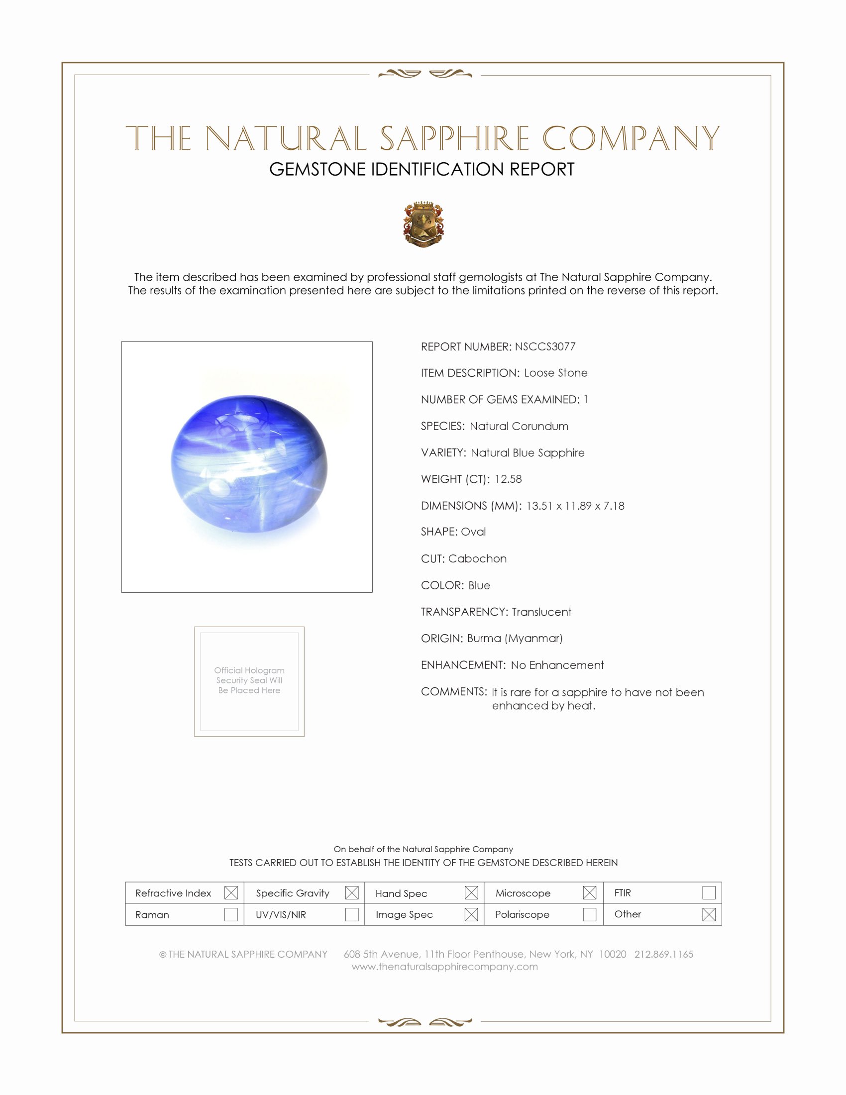 12.58 Ct. Blue Star Sapphire from Burma (Myanmar)