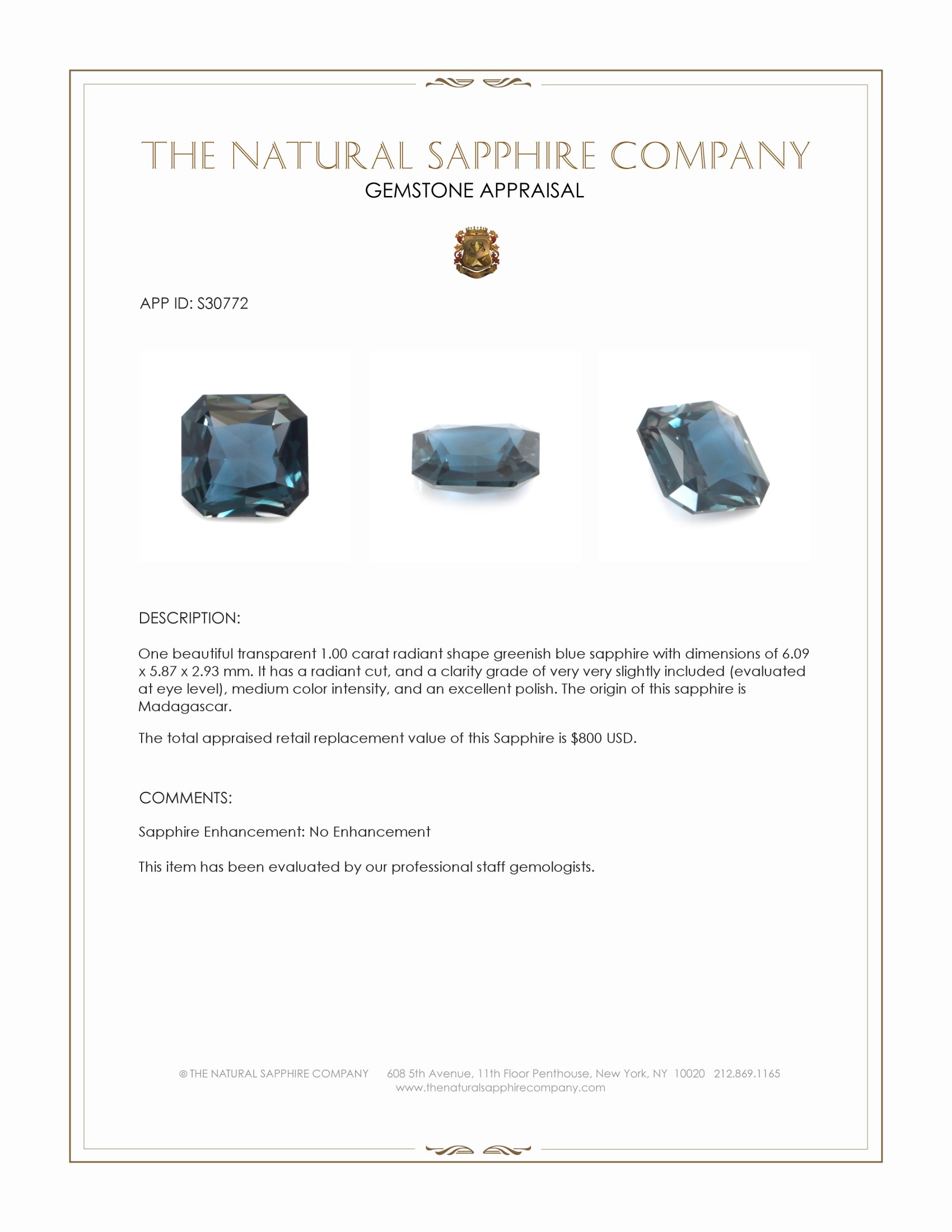 1.00 Ct. Greenish Blue Sapphire from Madagascar