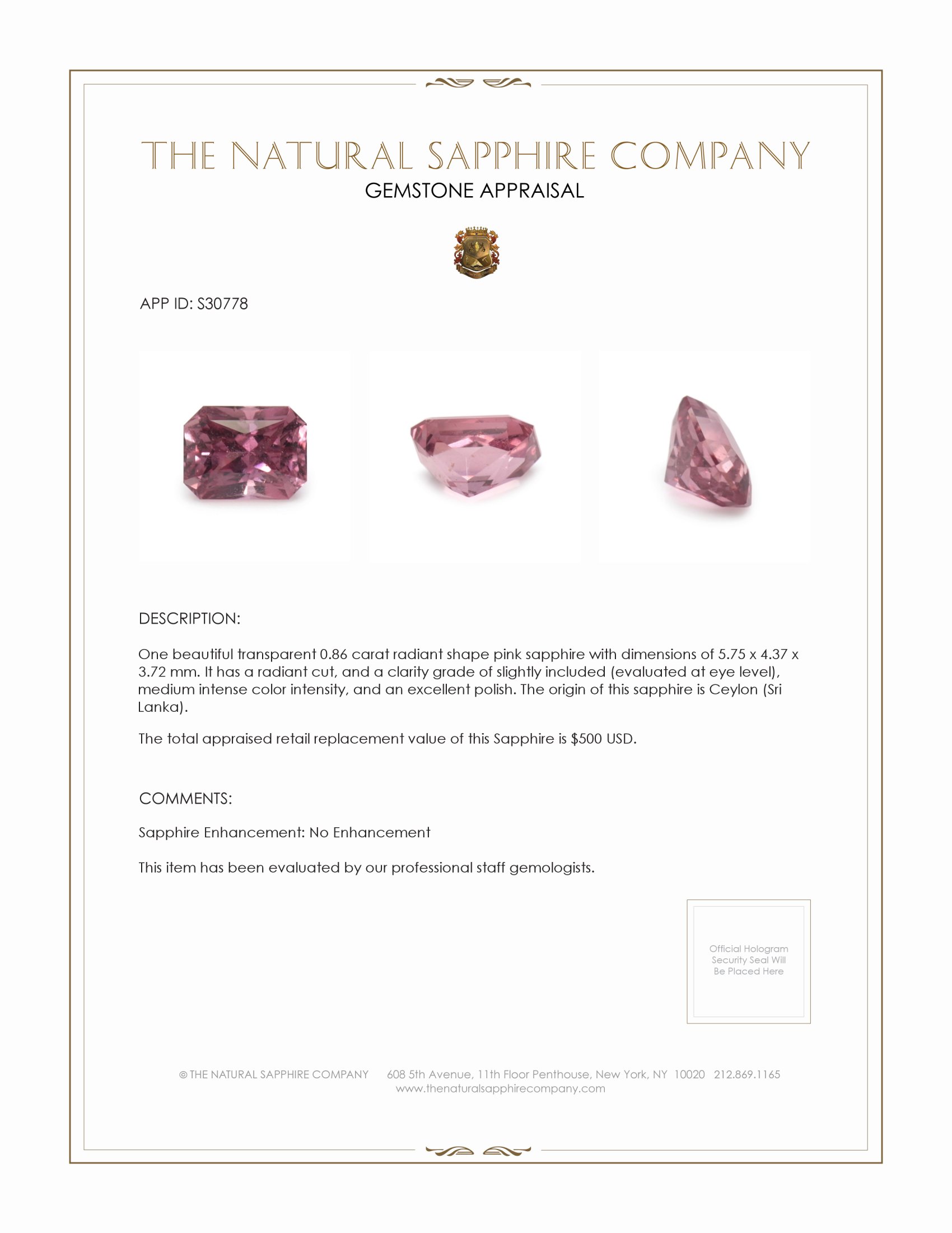 0.86 Ct. Pink Sapphire from Ceylon (Sri Lanka)