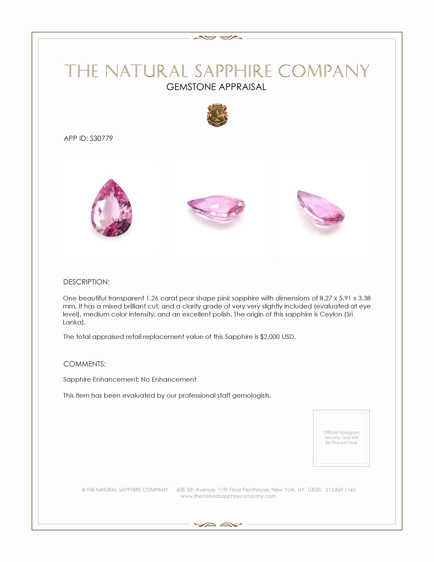 1.26 Ct. Pink Sapphire from Ceylon (Sri Lanka)