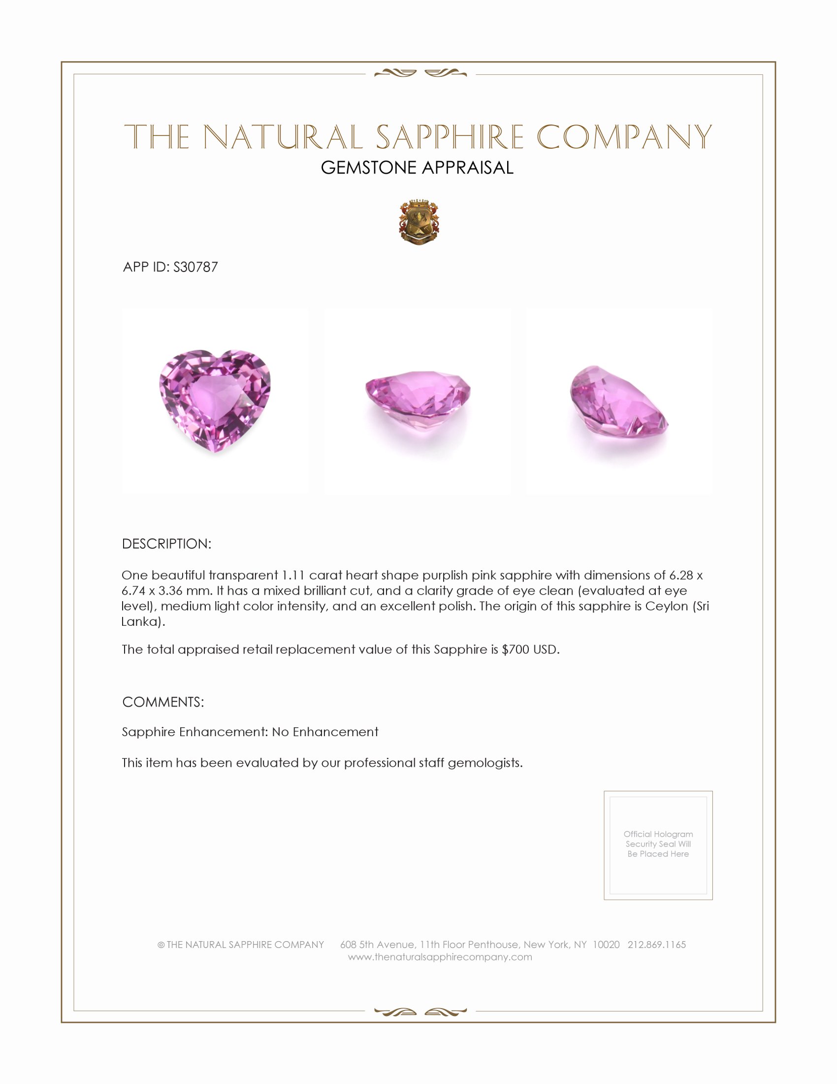 1.11 Ct. Purplish Pink Sapphire from Ceylon (Sri Lanka)