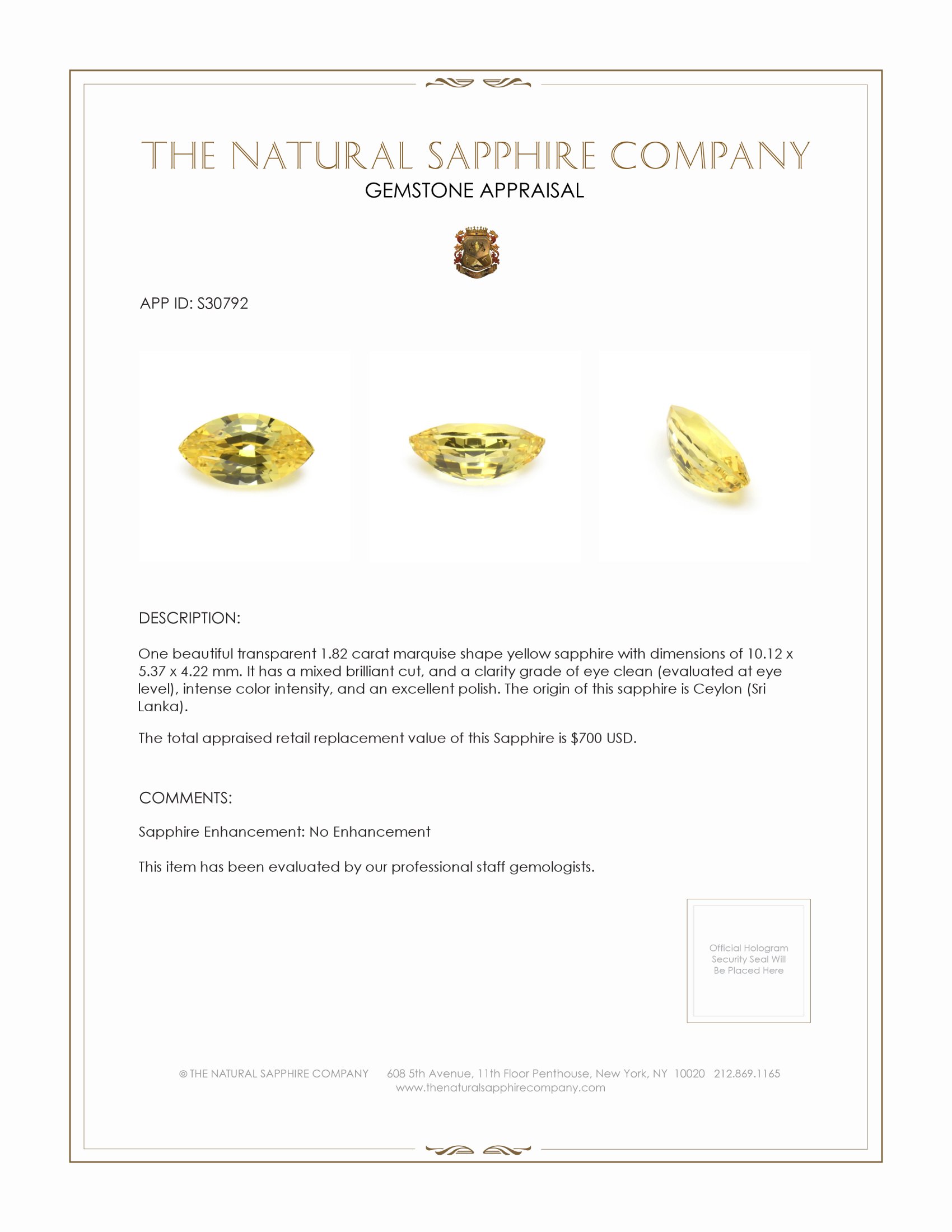 1.82 Ct. Yellow Sapphire from Ceylon (Sri Lanka)