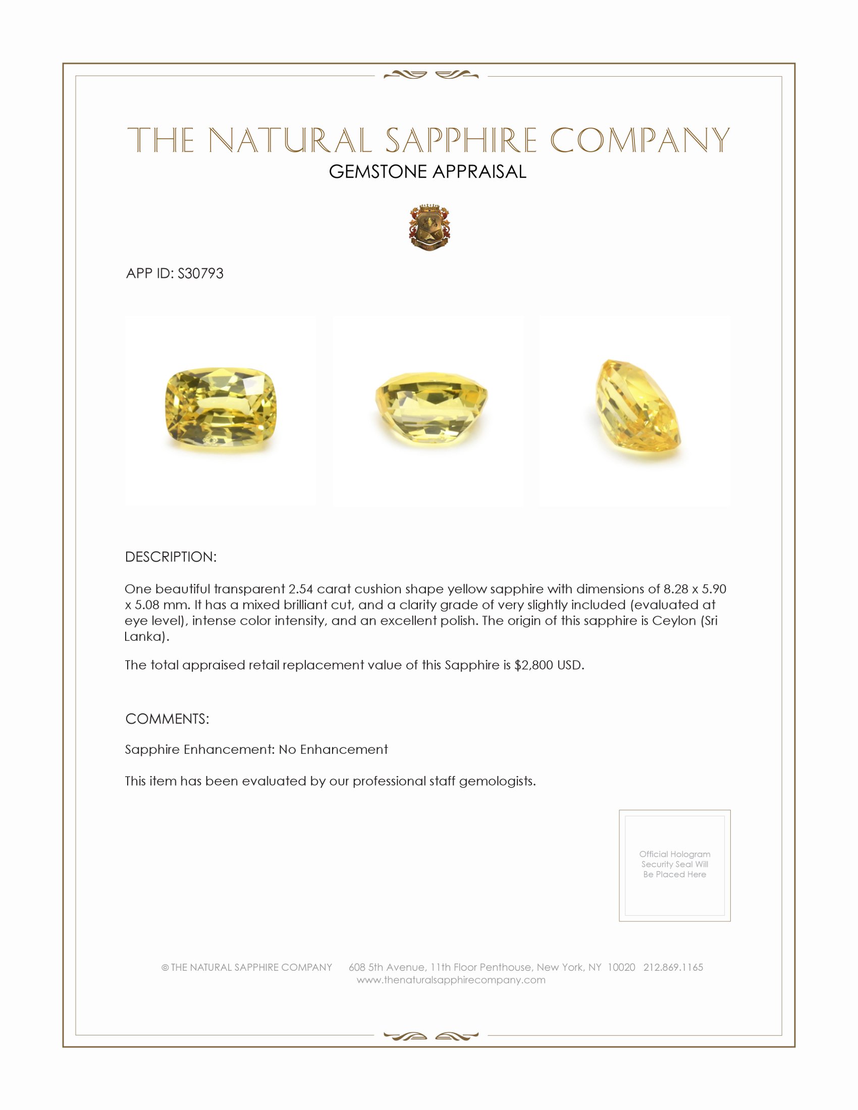 2.54 Ct. Yellow Sapphire from Ceylon (Sri Lanka)