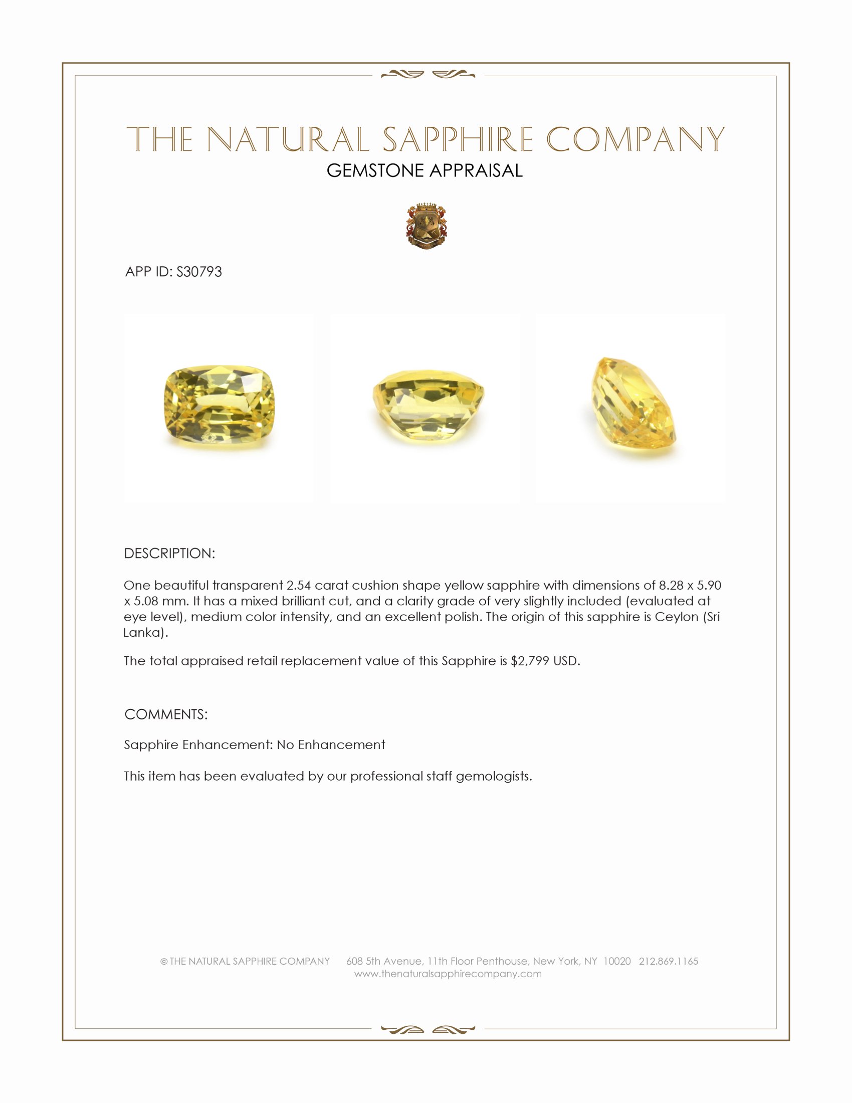 2.54 Ct. Yellow Sapphire from Ceylon (Sri Lanka)