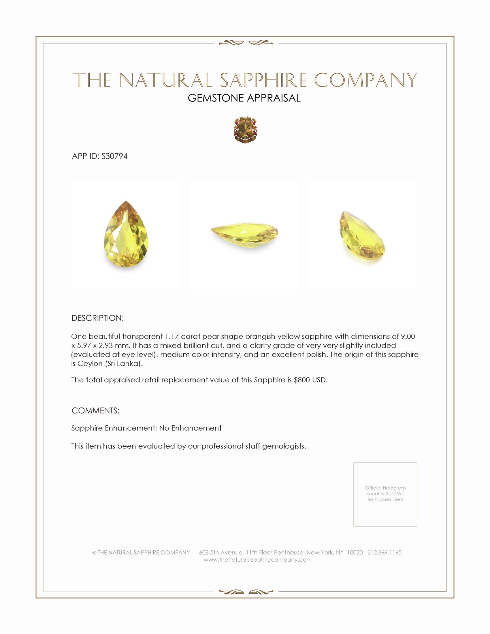 1.17 Ct. Orangish Yellow Sapphire from Ceylon (Sri Lanka)