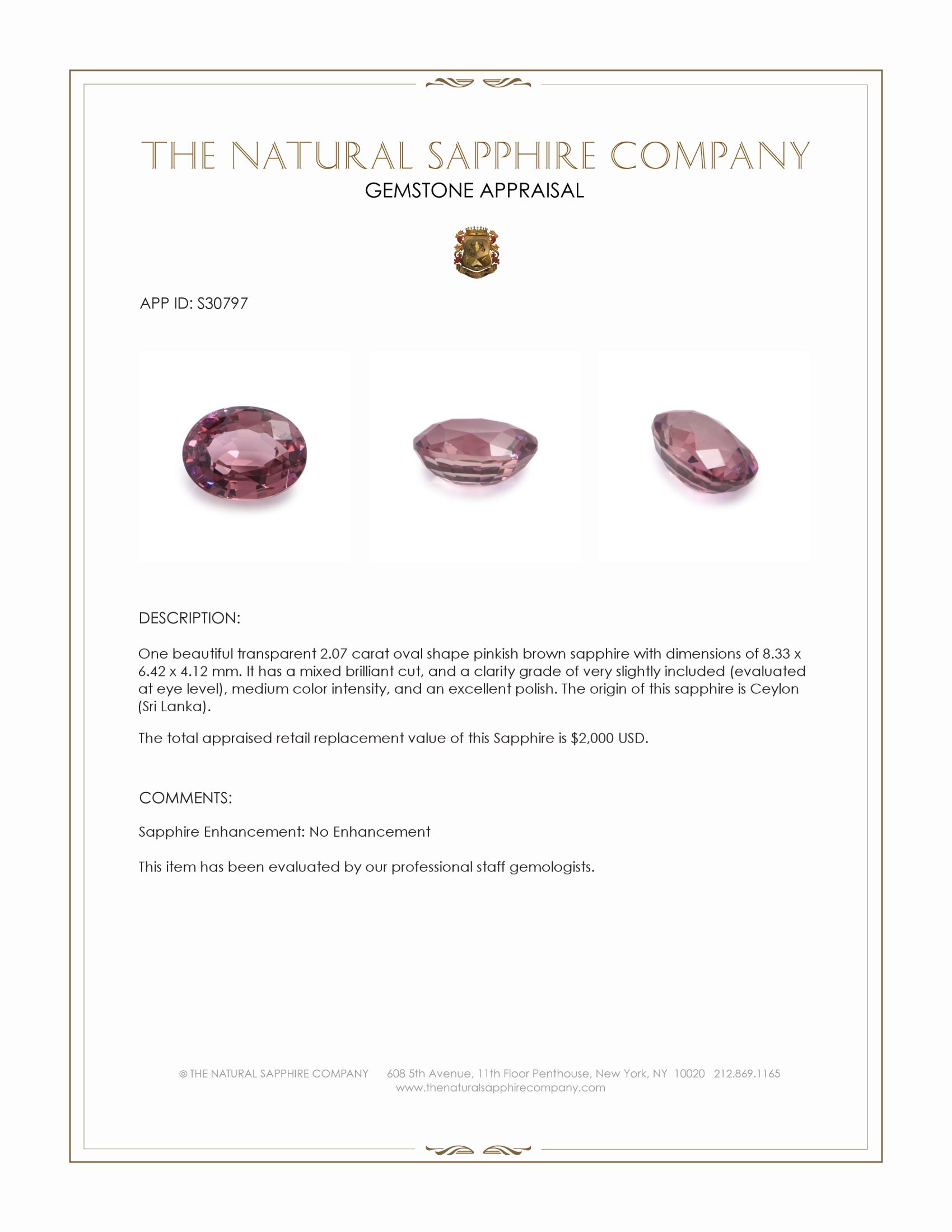 2.07 Ct. Pinkish Brown Sapphire from Ceylon (Sri Lanka)