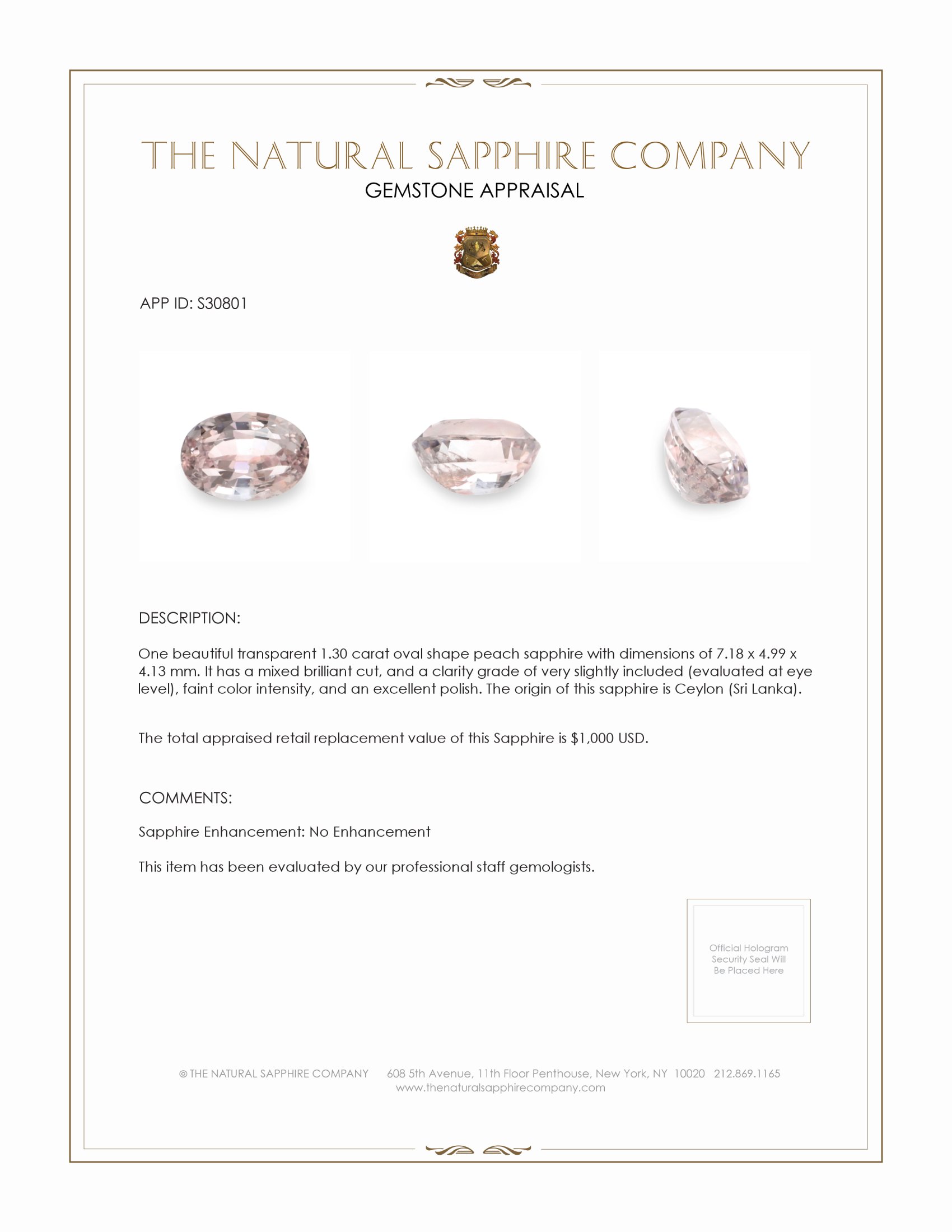 1.30 Ct. Peach Sapphire from Ceylon (Sri Lanka)