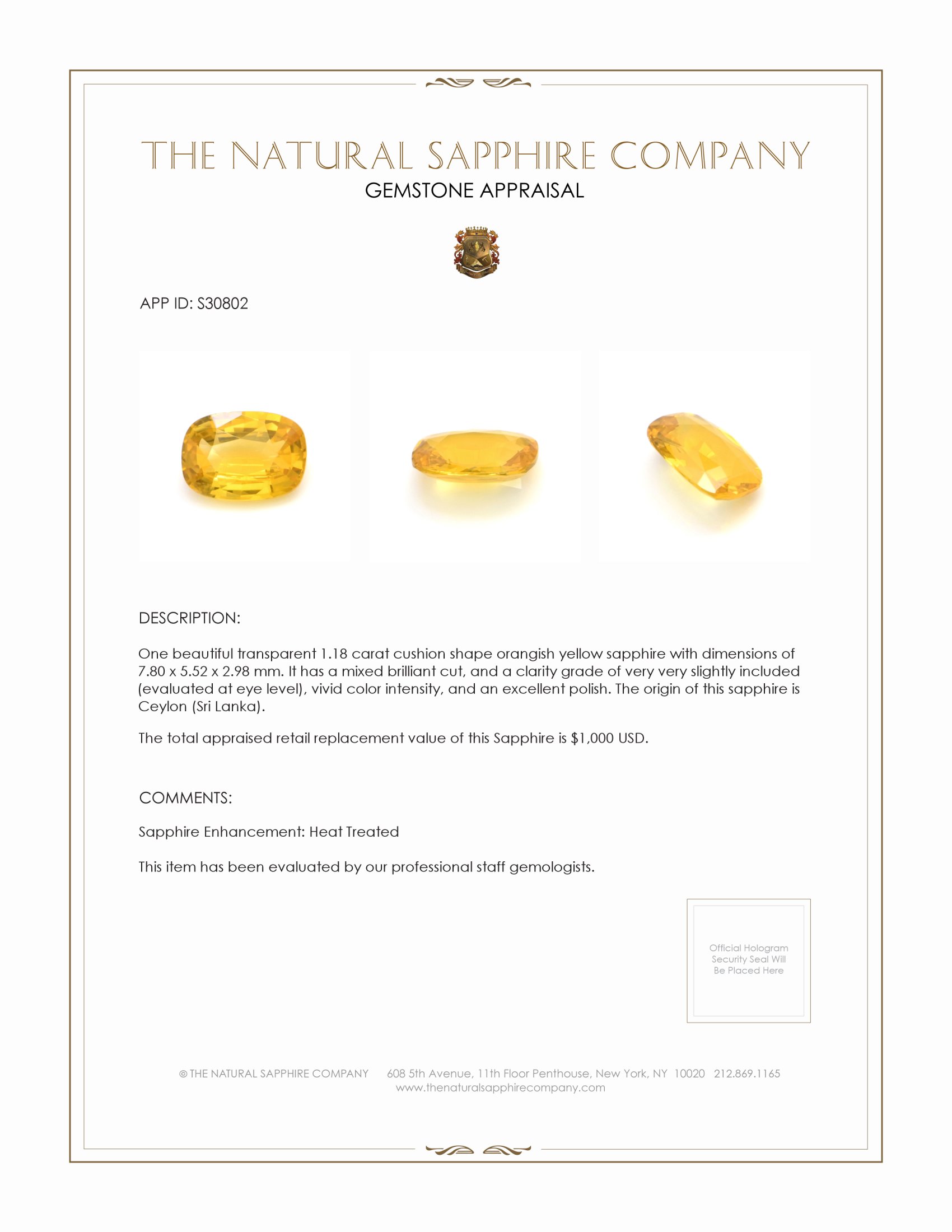 1.18 Ct. Orangish Yellow Sapphire from Ceylon (Sri Lanka)
