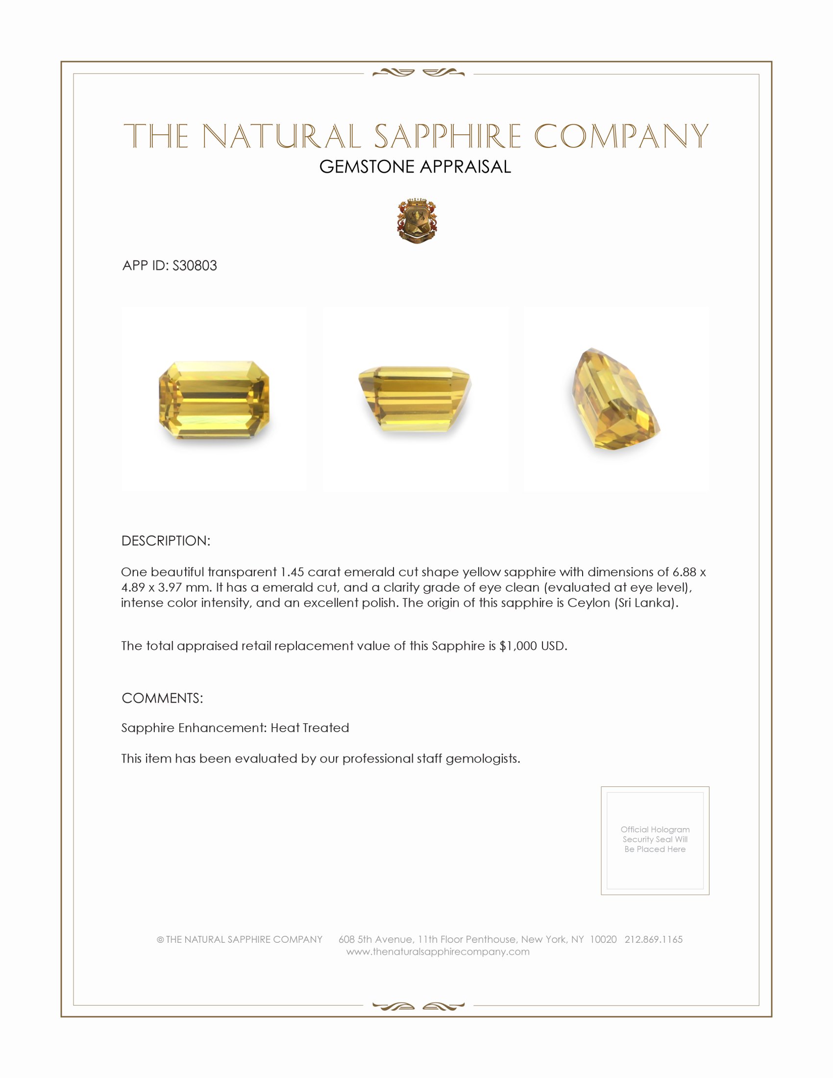 1.45 Ct. Yellow Sapphire from Ceylon (Sri Lanka)