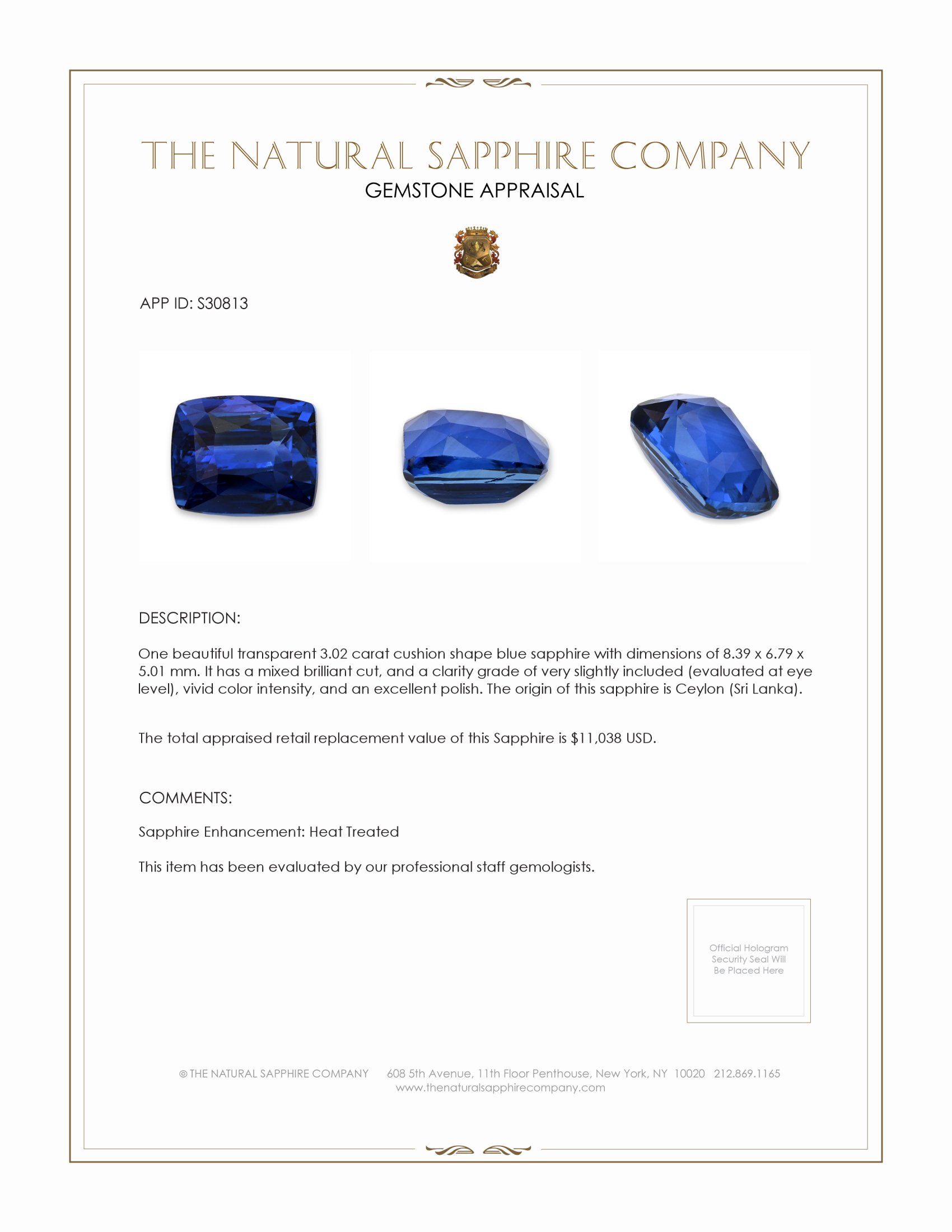 3.02 Ct. Blue Sapphire from Ceylon (Sri Lanka)