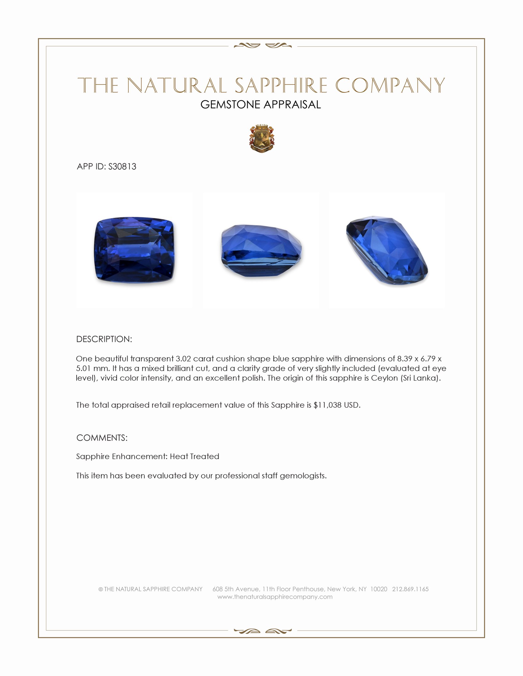 3.02 Ct. Blue Sapphire from Ceylon (Sri Lanka)