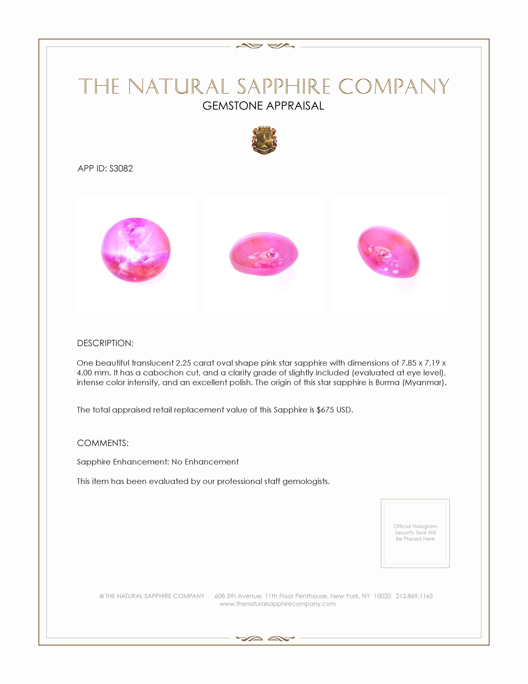 2.25 Ct. Pink Star Sapphire from Burma (Myanmar)