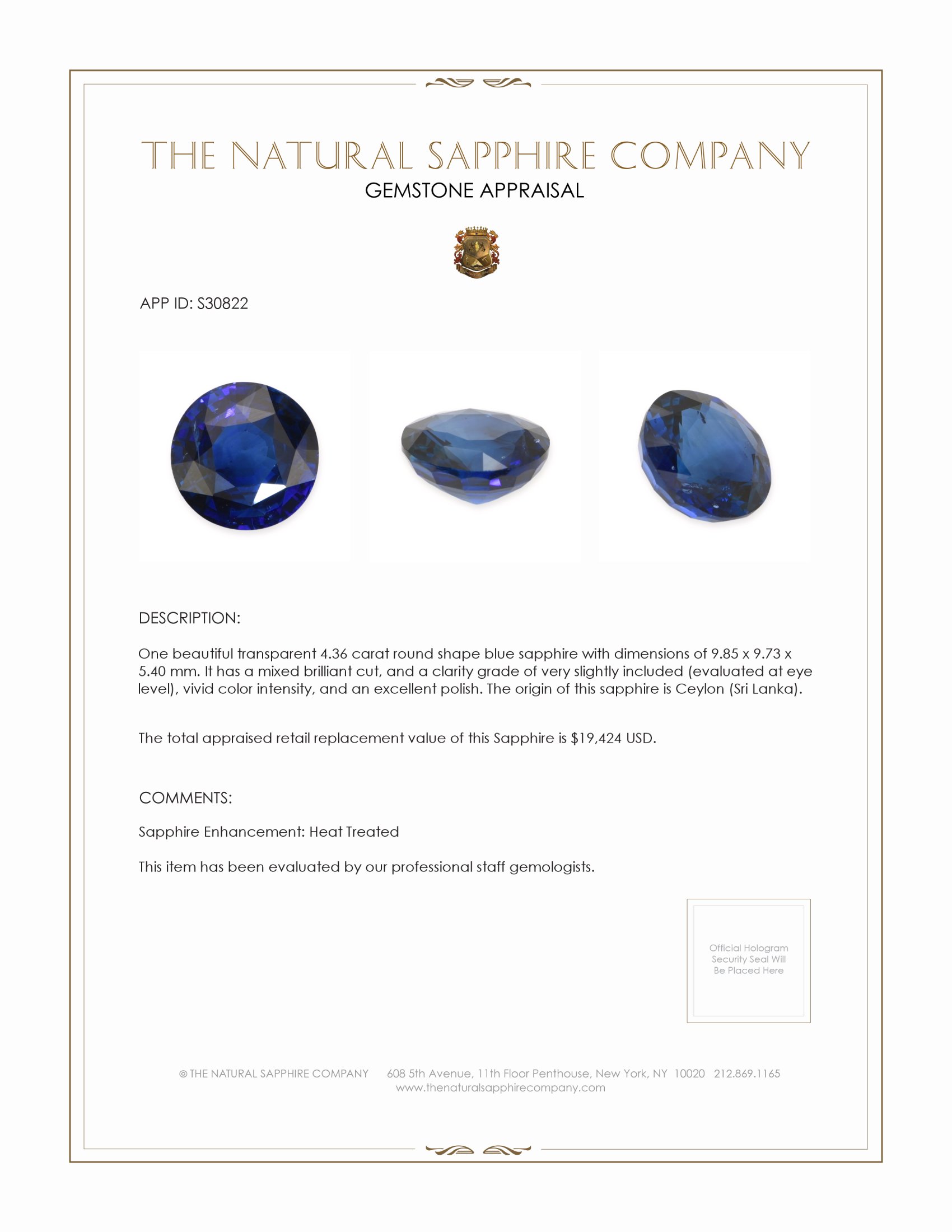 4.36 Ct. Blue Sapphire from Ceylon (Sri Lanka)