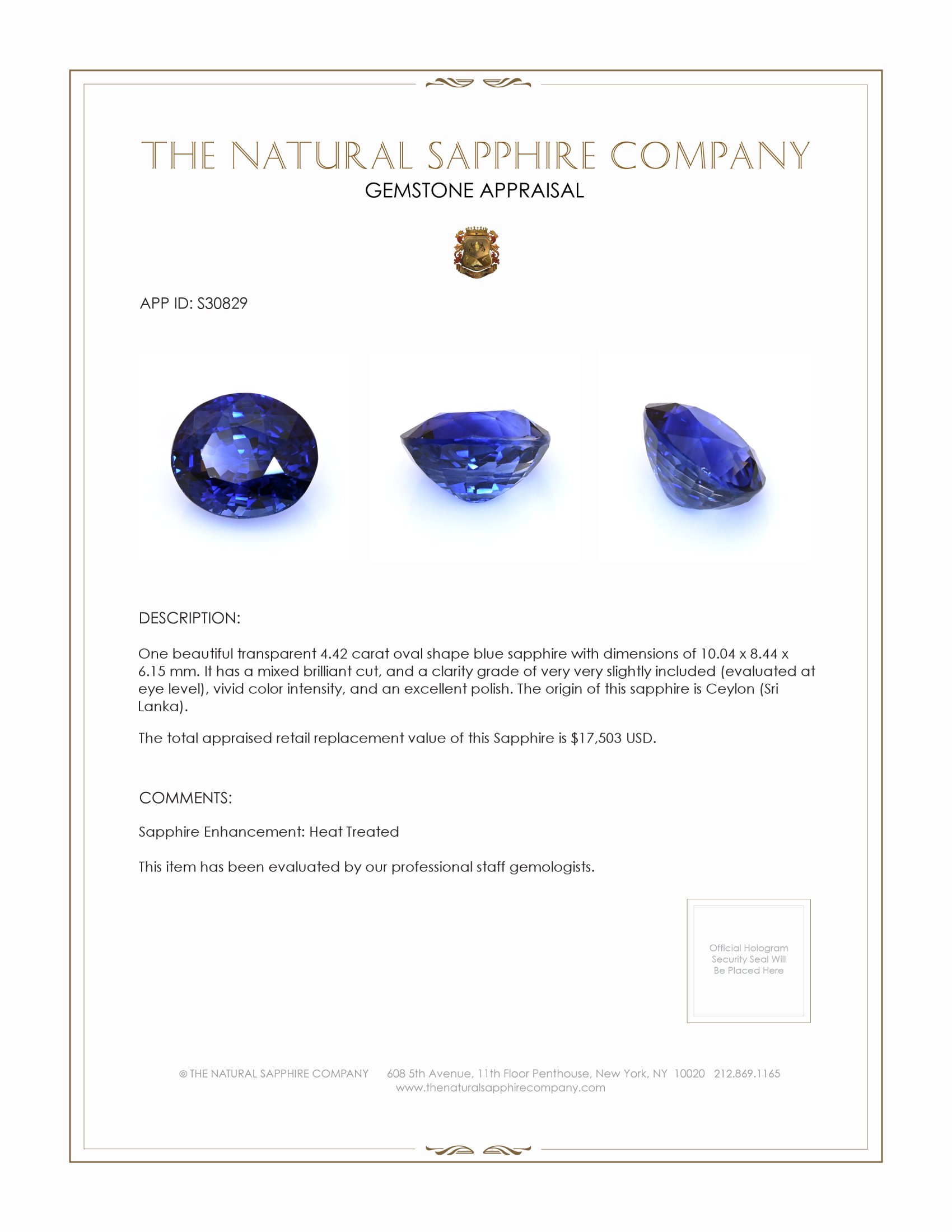 4.42 Ct. Blue Sapphire from Ceylon (Sri Lanka)