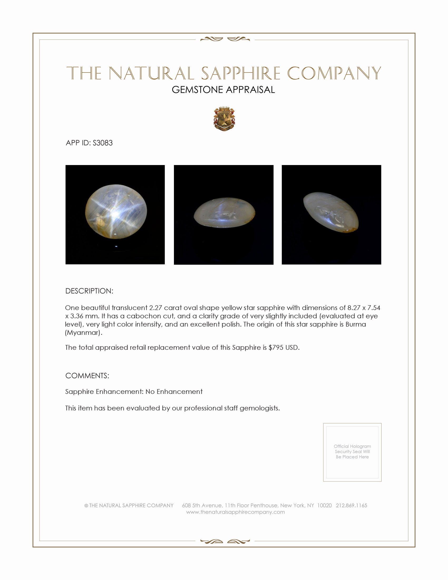 2.27 Ct. Yellow Star Sapphire from Burma (Myanmar)