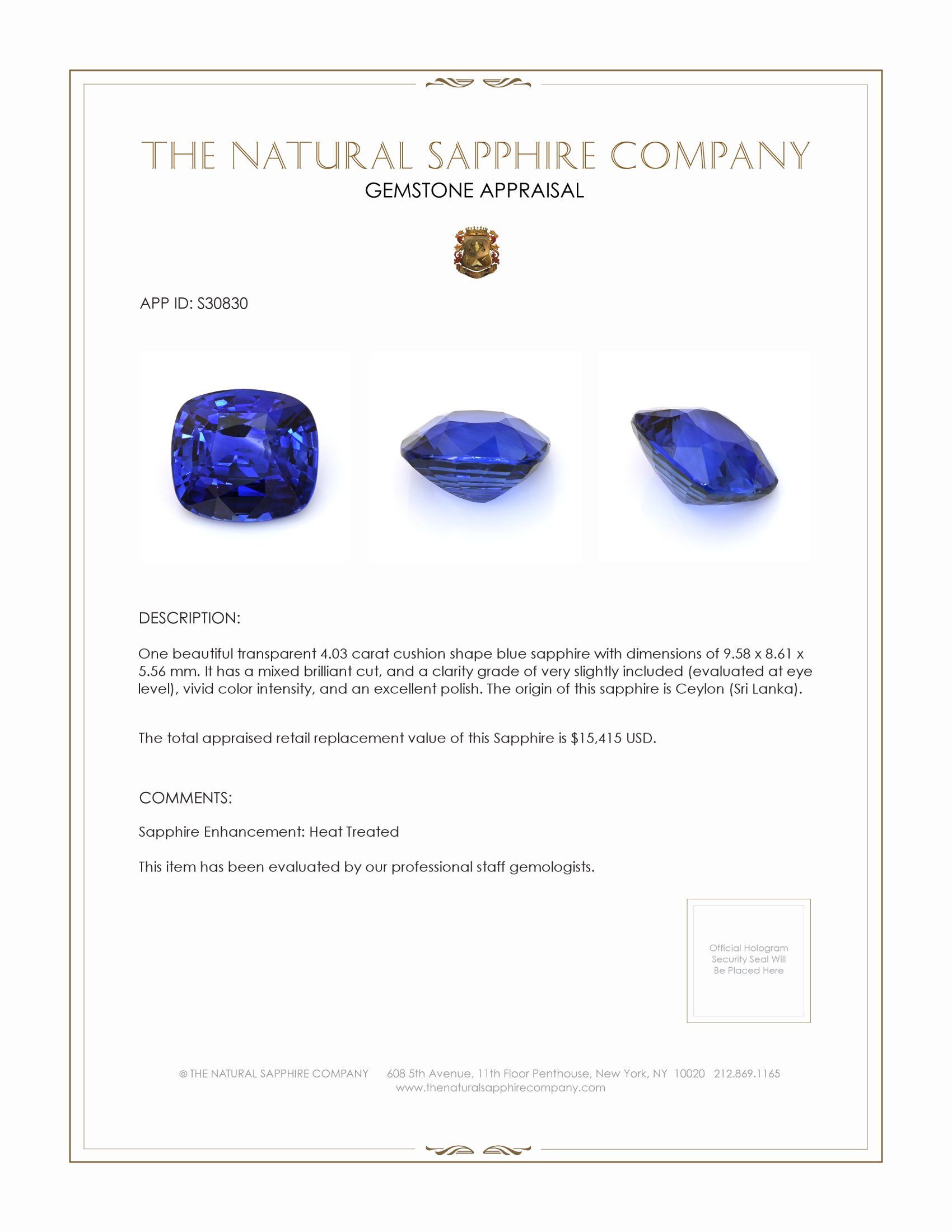 4.03 Ct. Blue Sapphire from Ceylon (Sri Lanka)