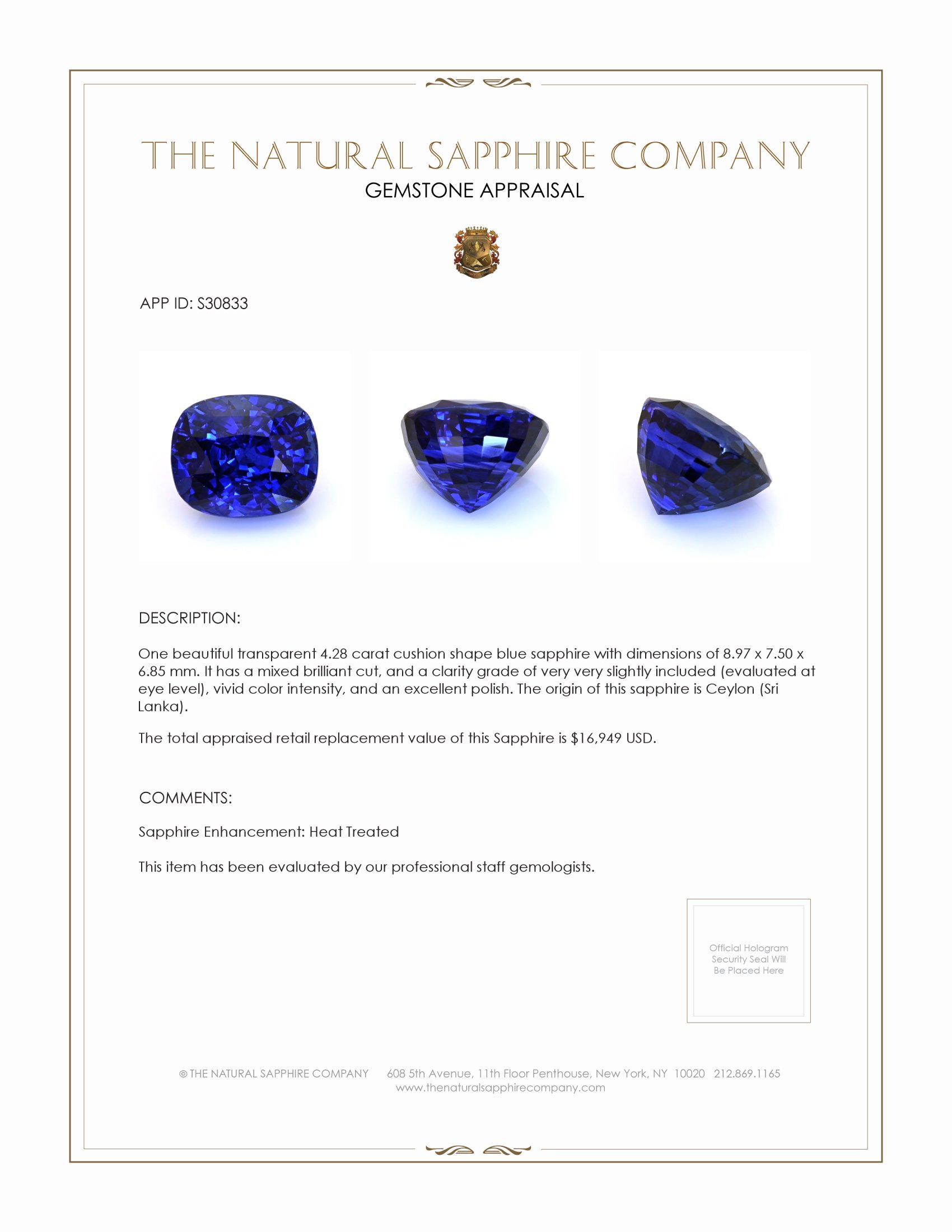 4.28 Ct. Blue Sapphire from Ceylon (Sri Lanka)
