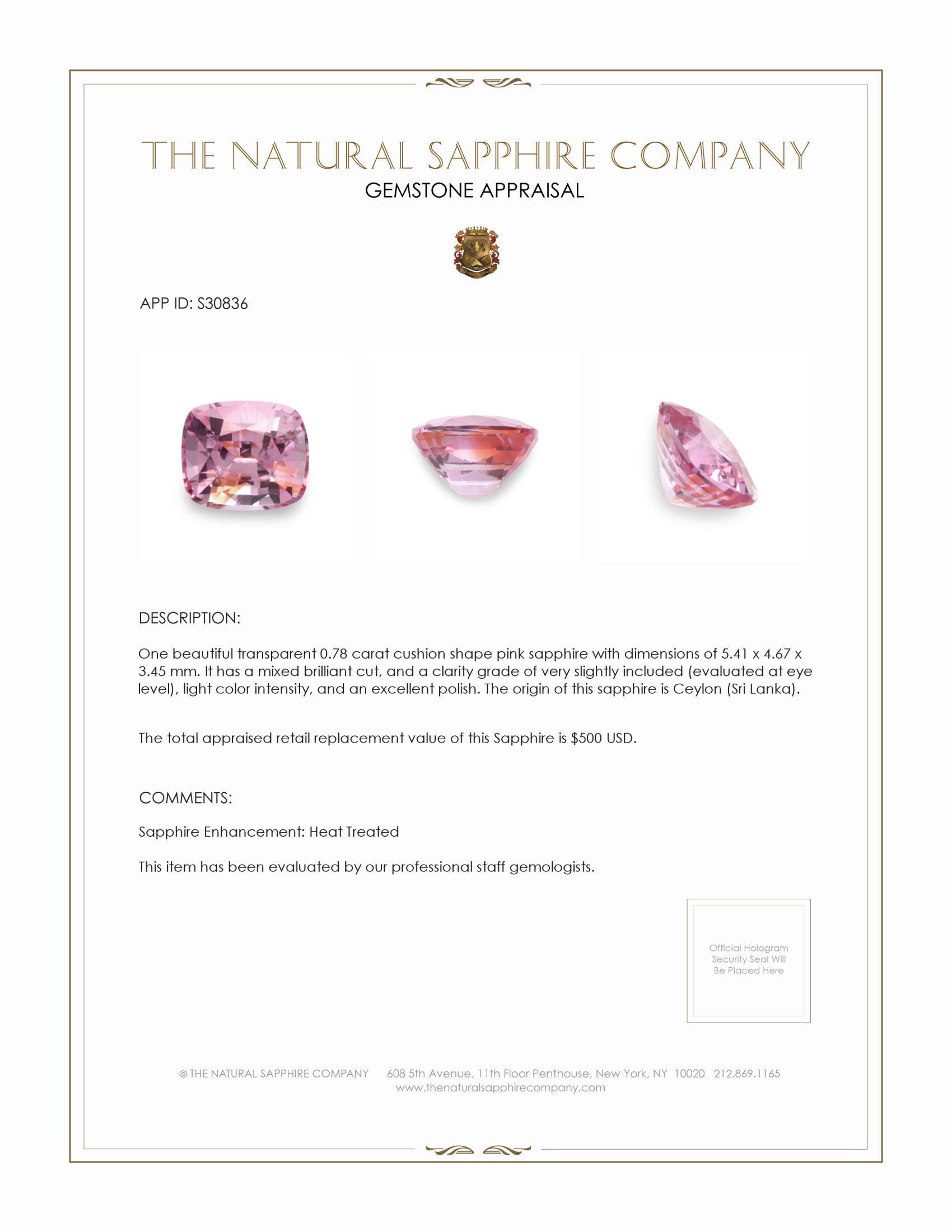 0.78 Ct. Pink Sapphire from Ceylon (Sri Lanka)
