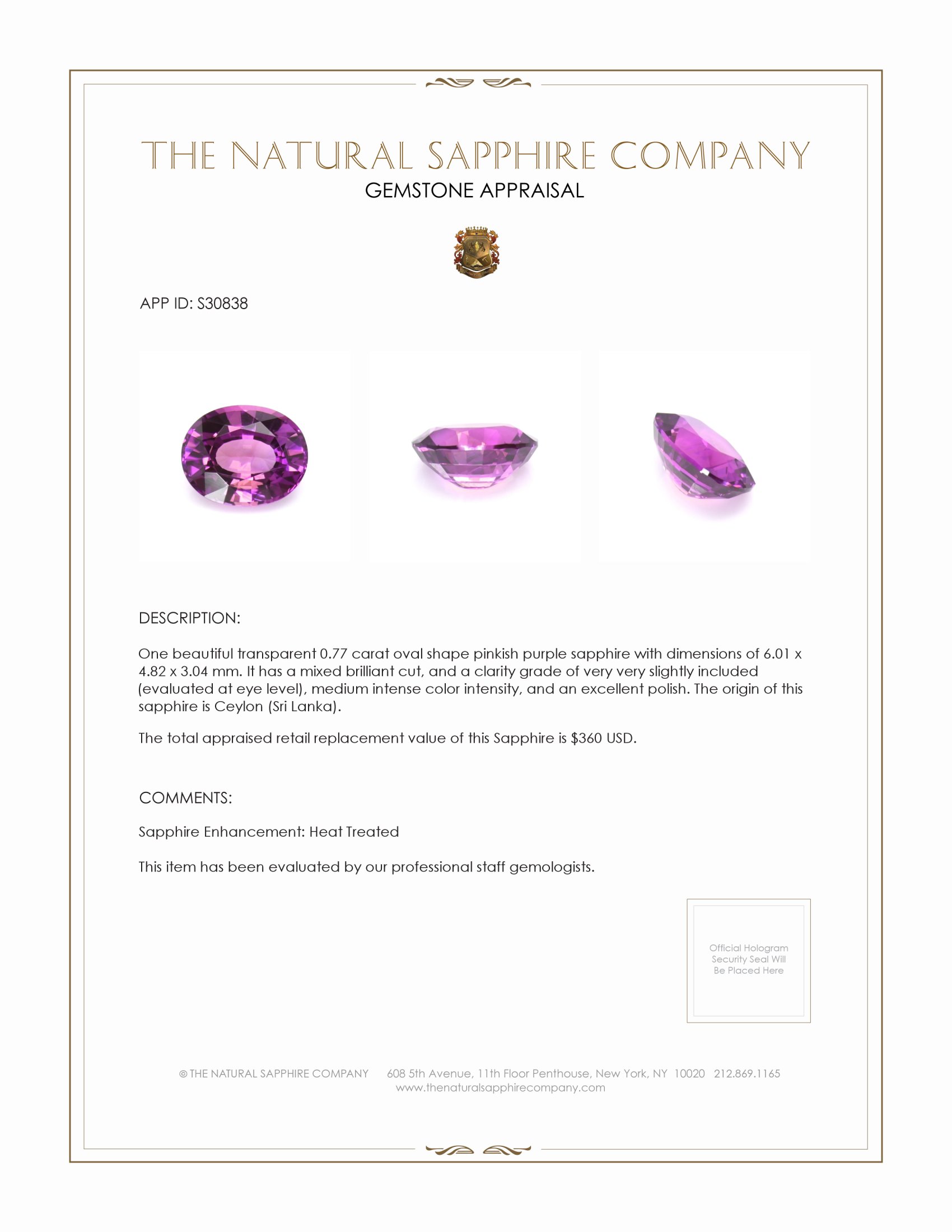 0.77 Ct. Pinkish Purple Sapphire from Ceylon (Sri Lanka)